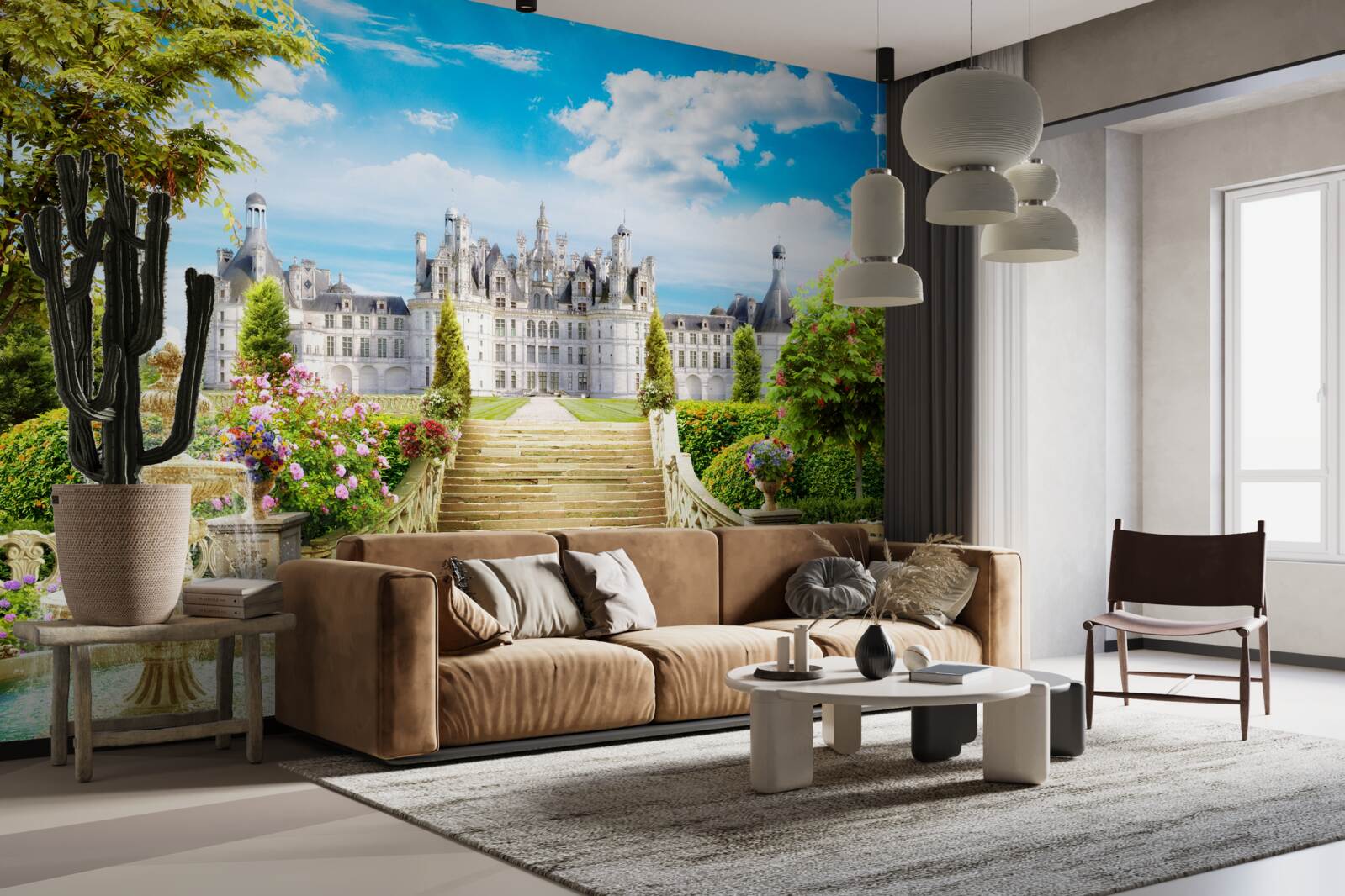 Fototapet trepte care duc la peluza din apropierea castelului