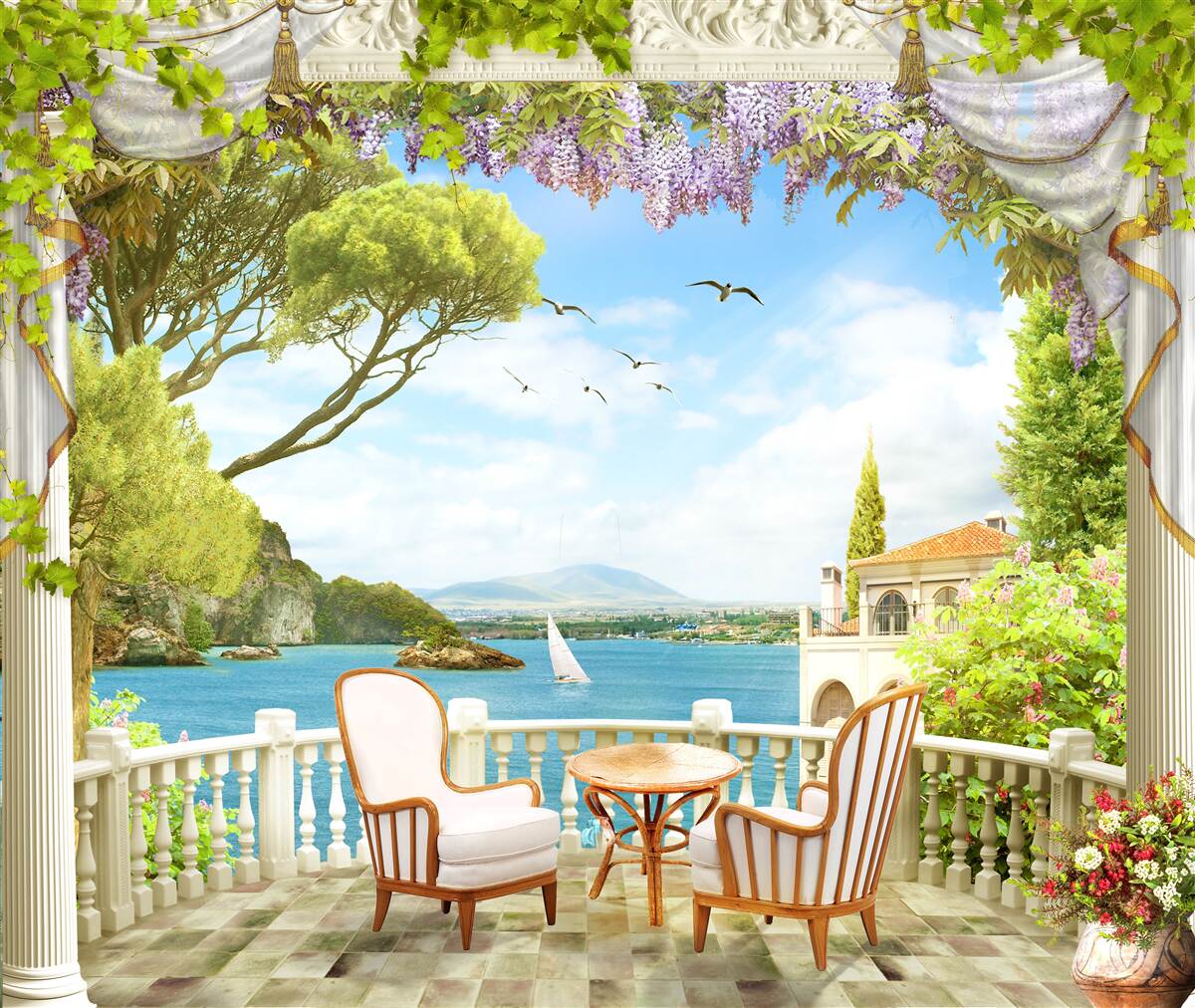 Fototapet o pereche de scaune cu o masă și vedere la ocean