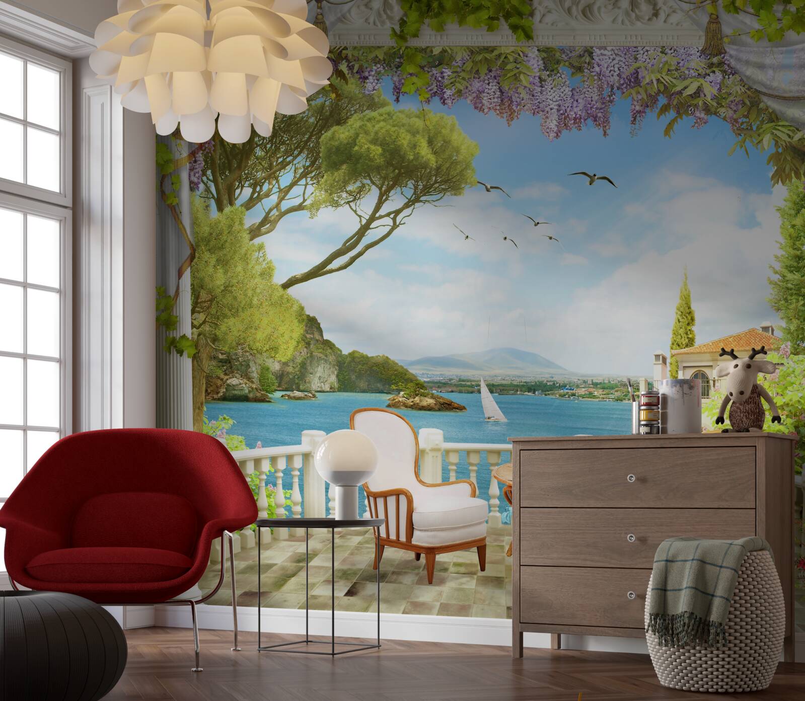 Fototapet o pereche de scaune cu o masă și vedere la ocean