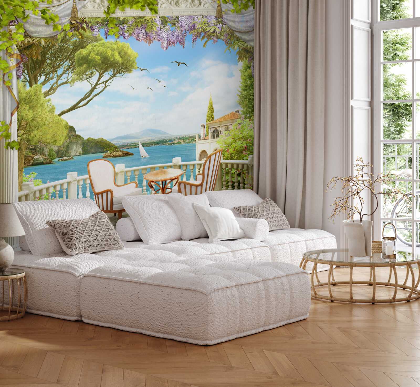 Fototapet o pereche de scaune cu o masă și vedere la ocean