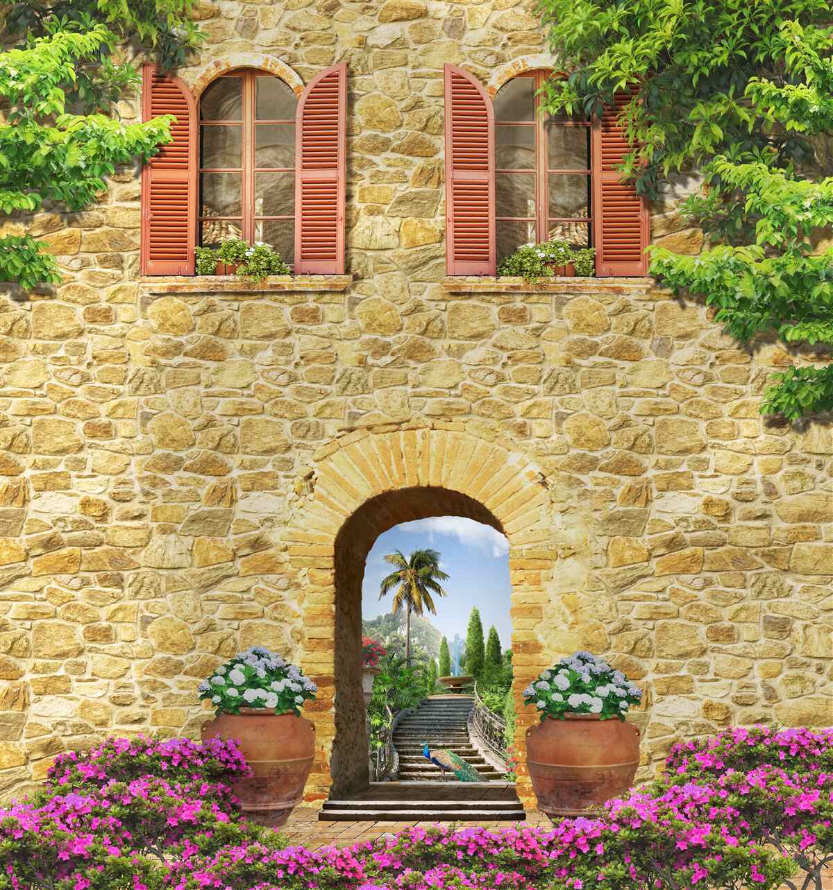 Fototapet casă de piatră cu ferestre