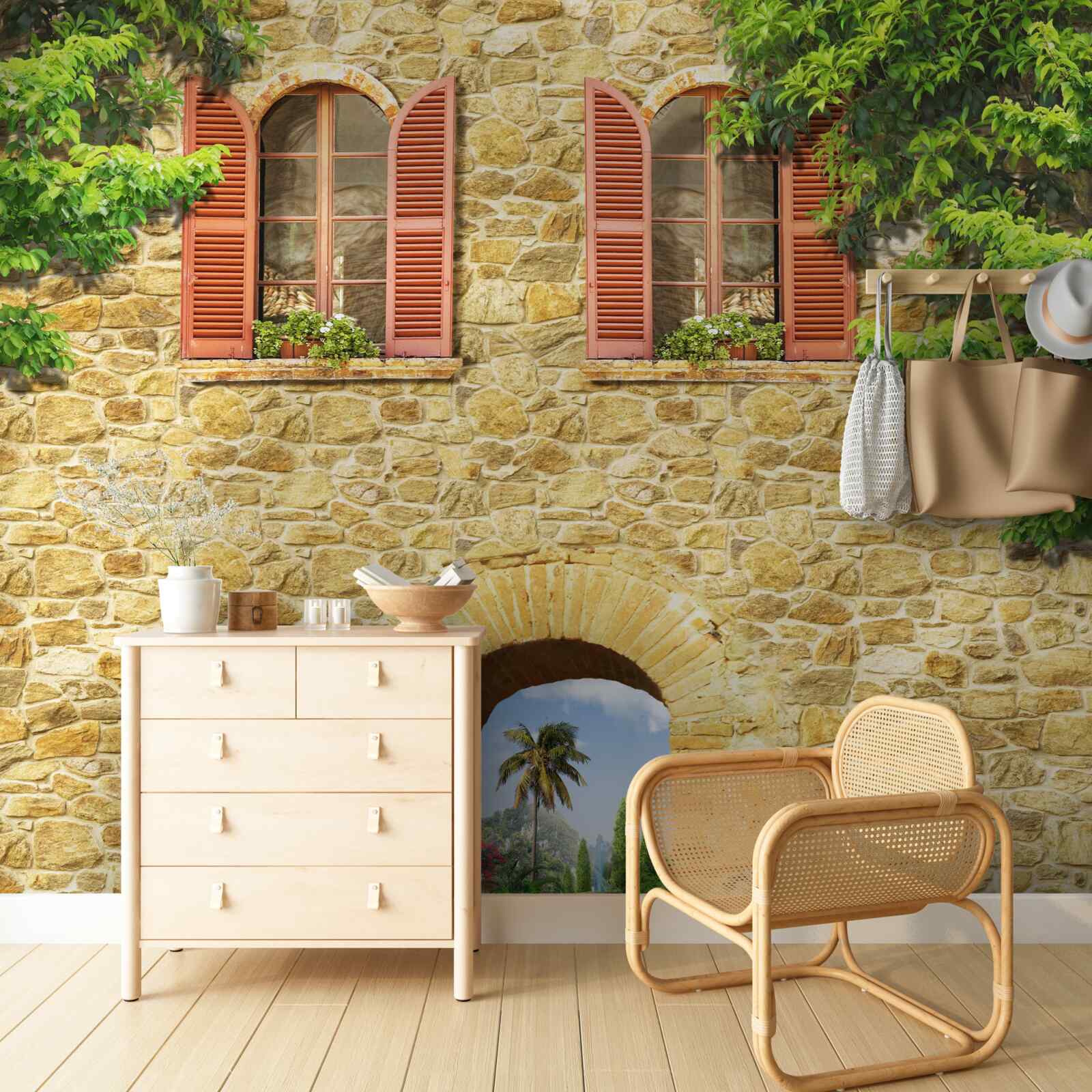 Fototapet casă de piatră cu ferestre