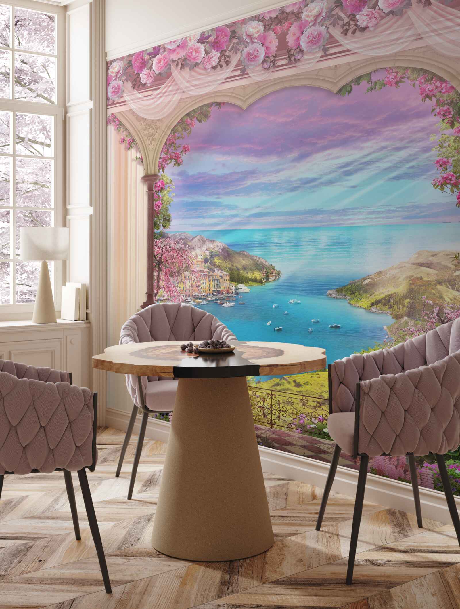 Fototapet arc decorat cu flori roz