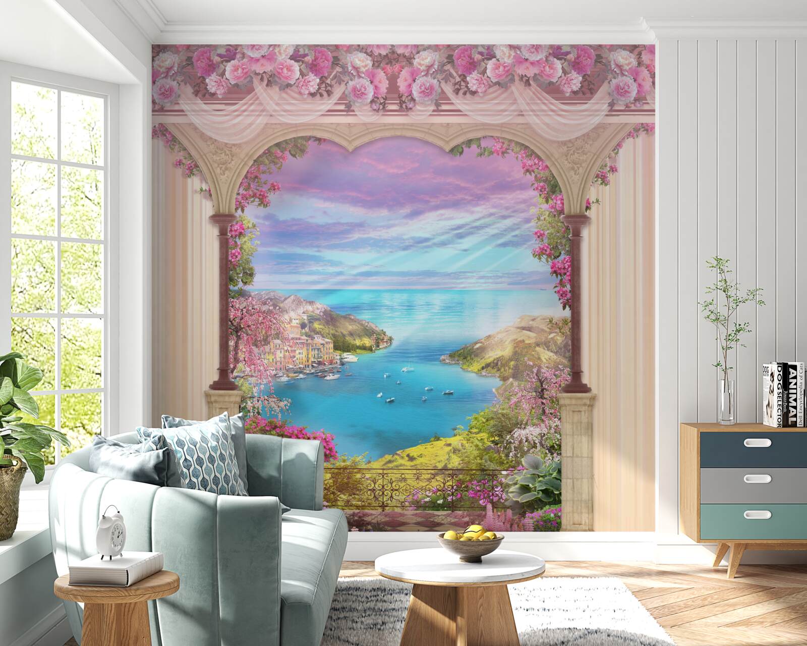 Fototapet arc decorat cu flori roz