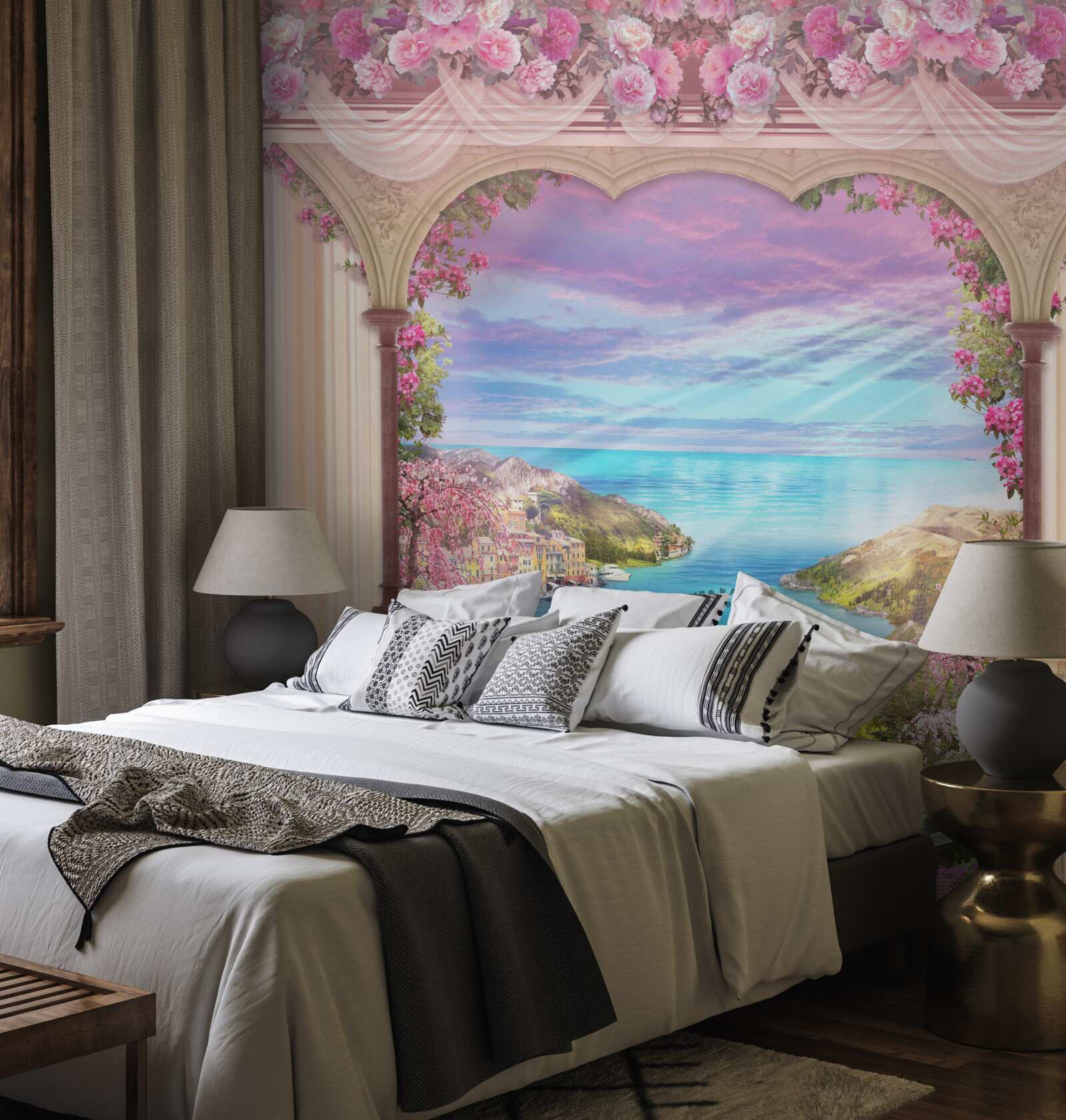 Fototapet arc decorat cu flori roz