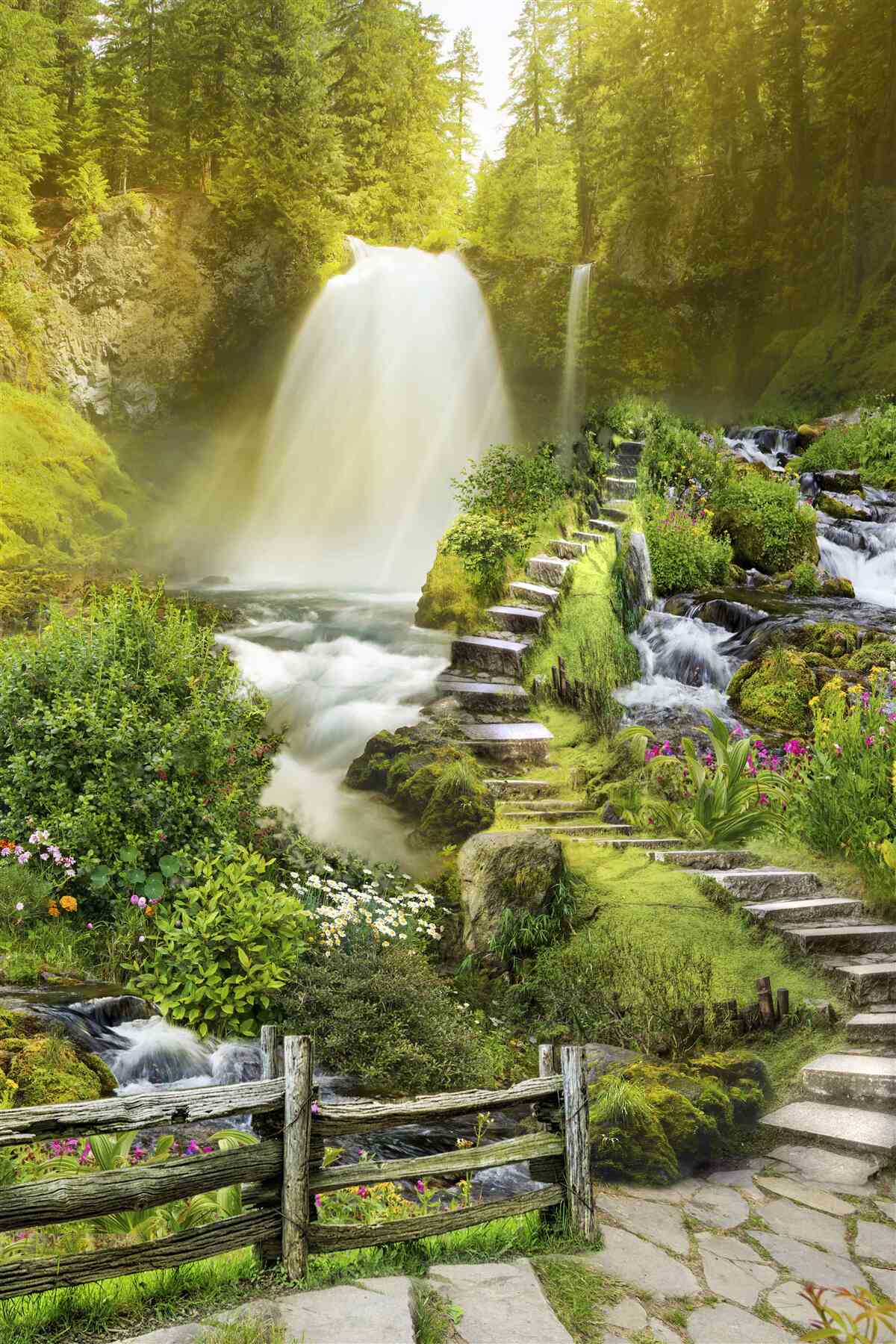 Fototapet cărare spre cascada înconjurată de verdeață