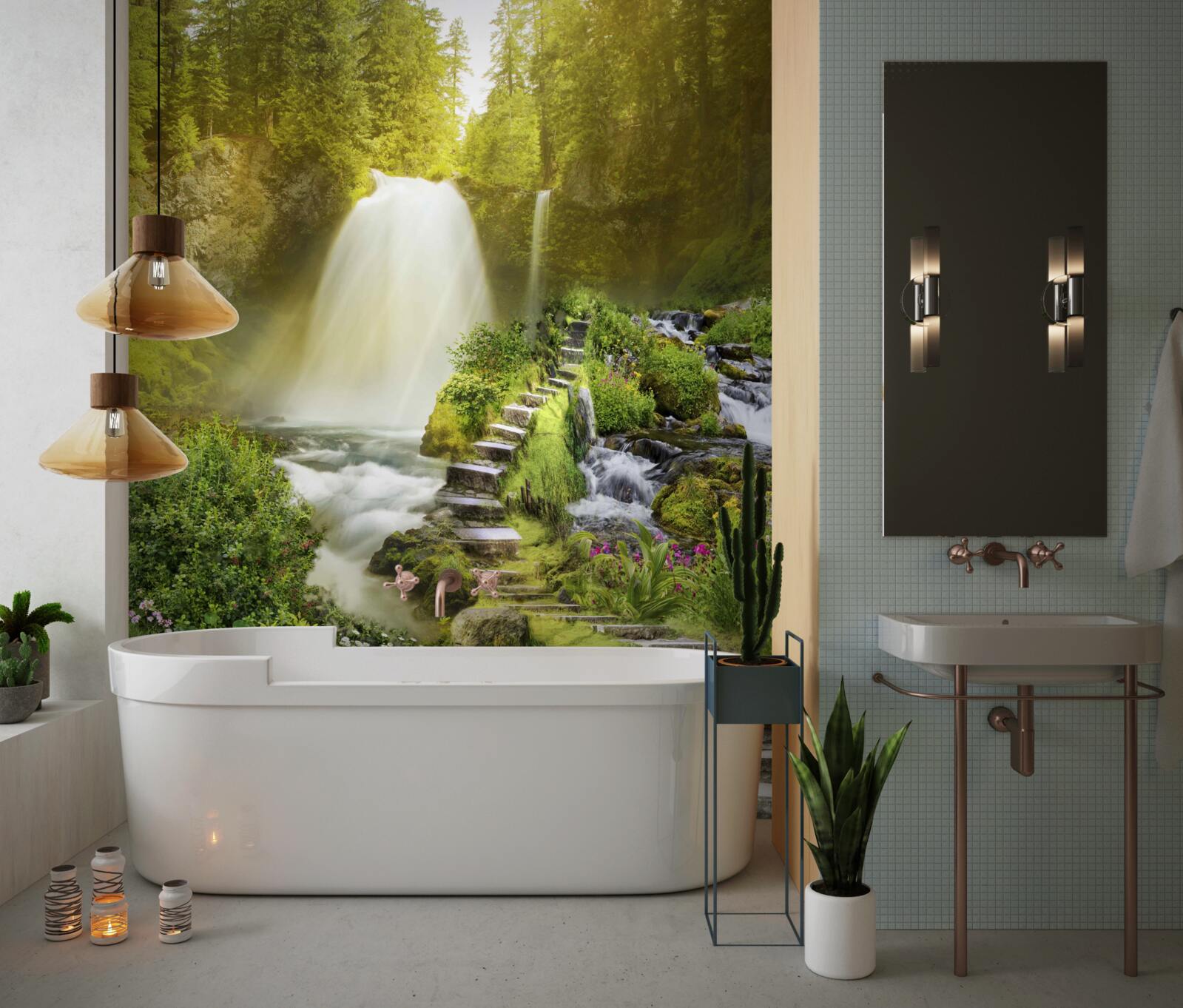 Fototapet cărare spre cascada înconjurată de verdeață