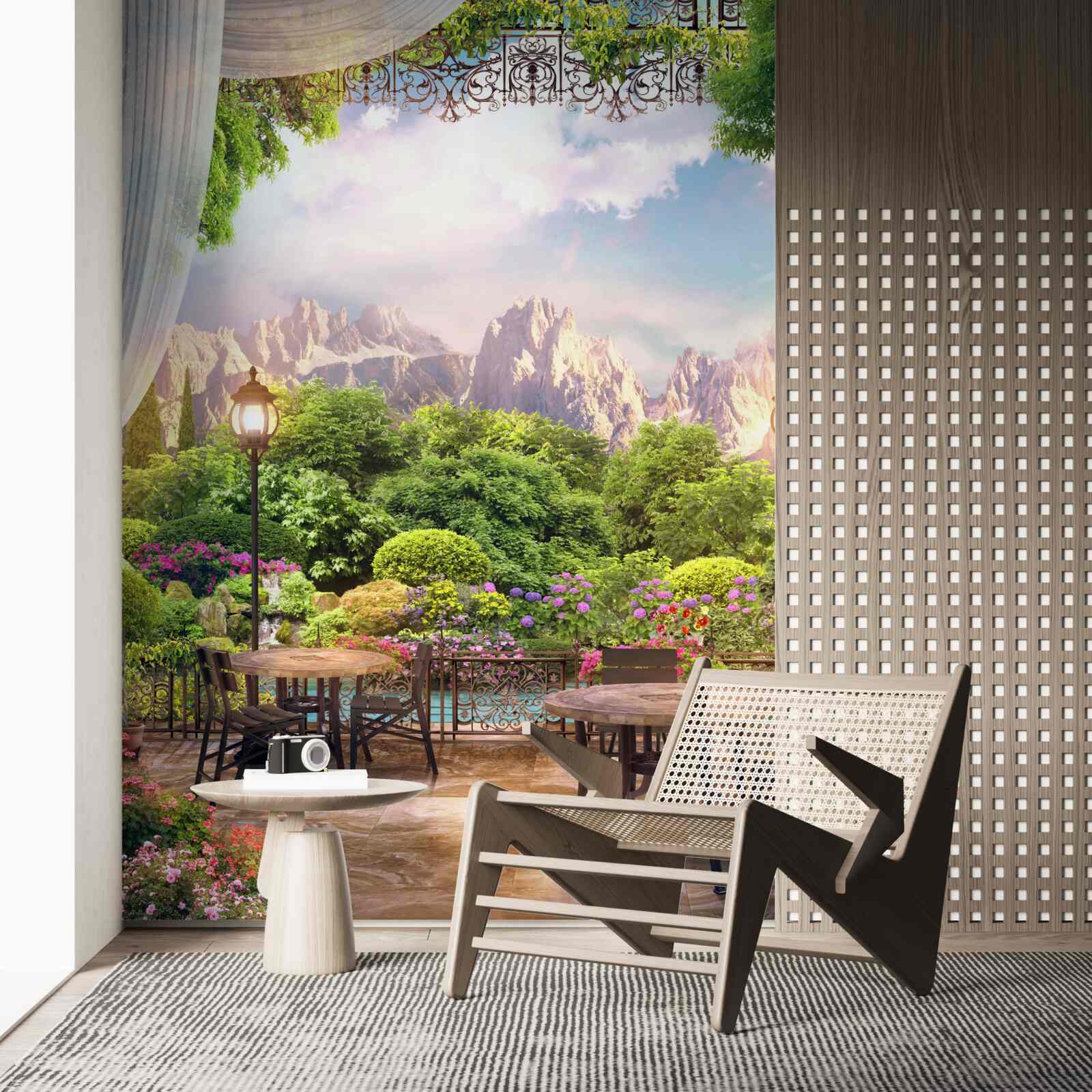 Fototapet scaune de cafenea cu peisaje minunate