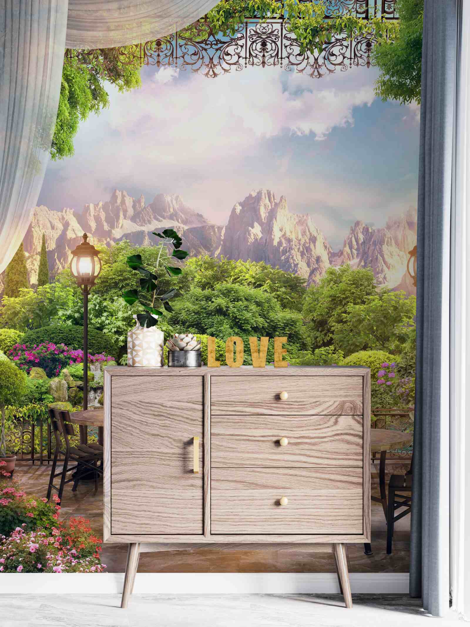 Fototapet scaune de cafenea cu peisaje minunate