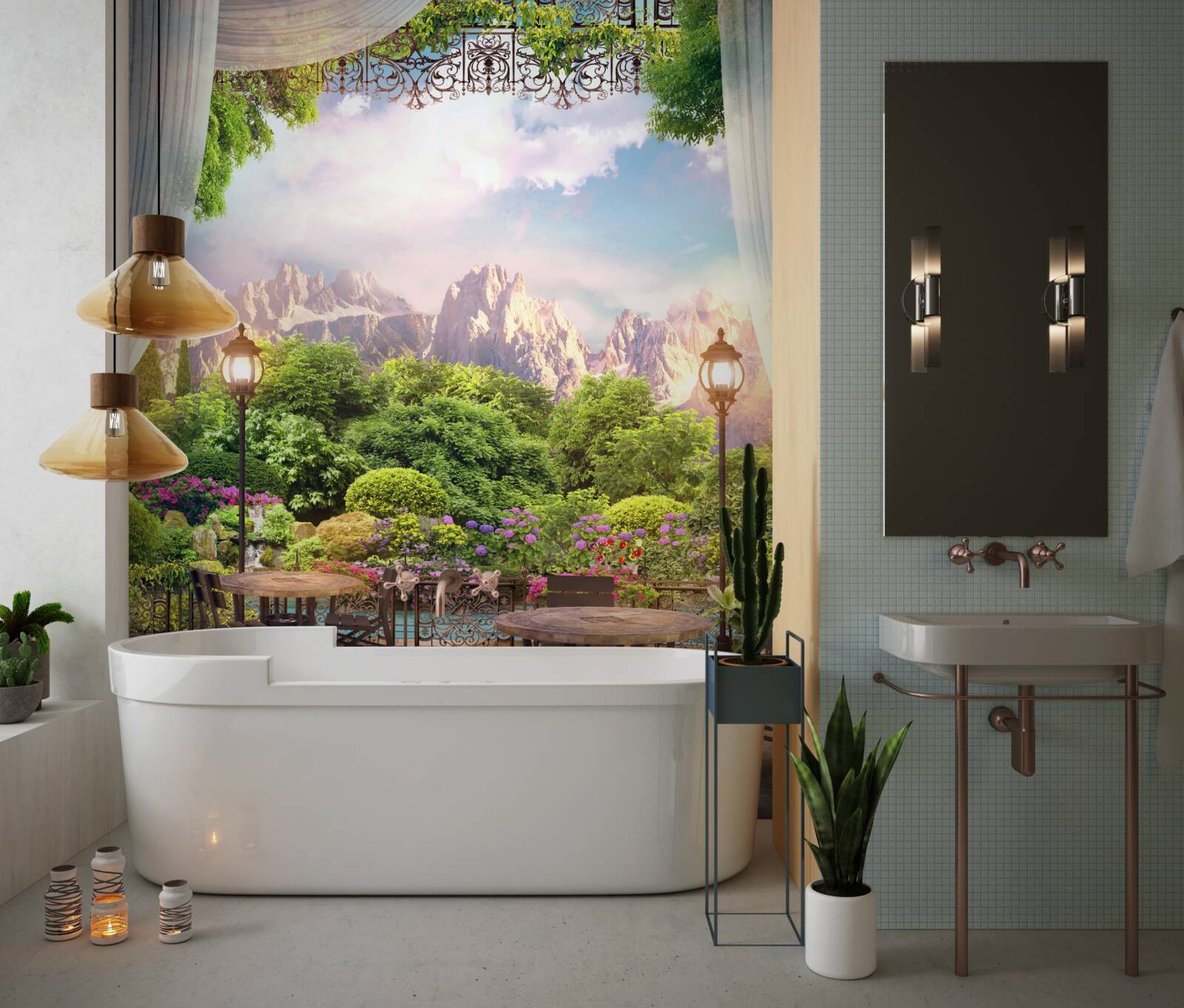 Fototapet scaune de cafenea cu peisaje minunate