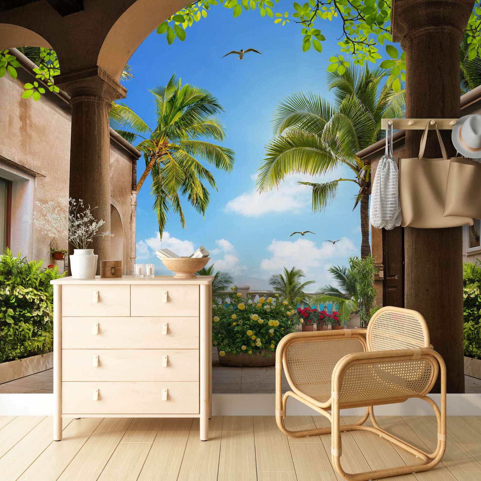 Fototapet terasă decorată cu plante verzi