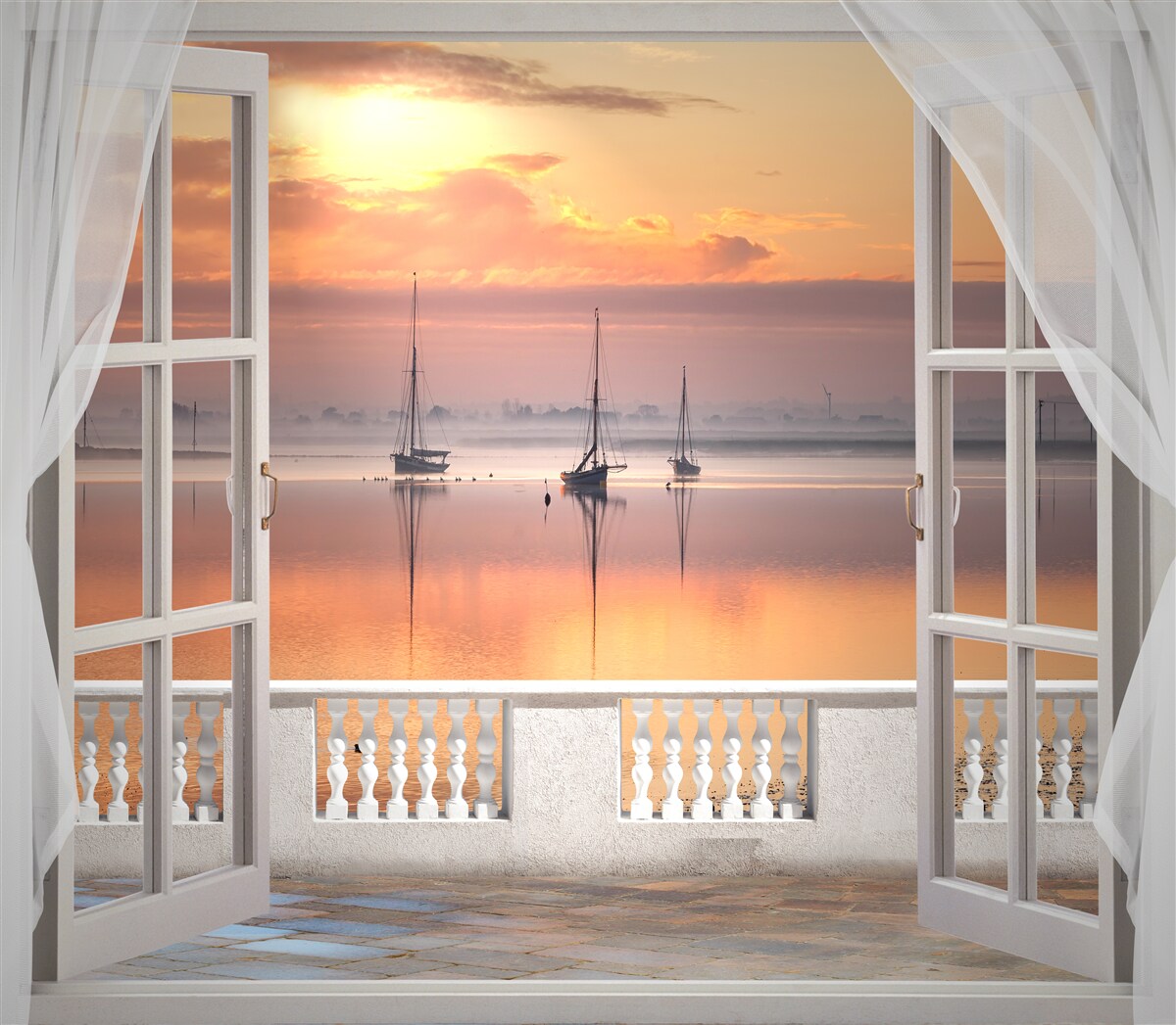 Fototapet peisaj de apus de soare de la un balcon alb ca zăpada