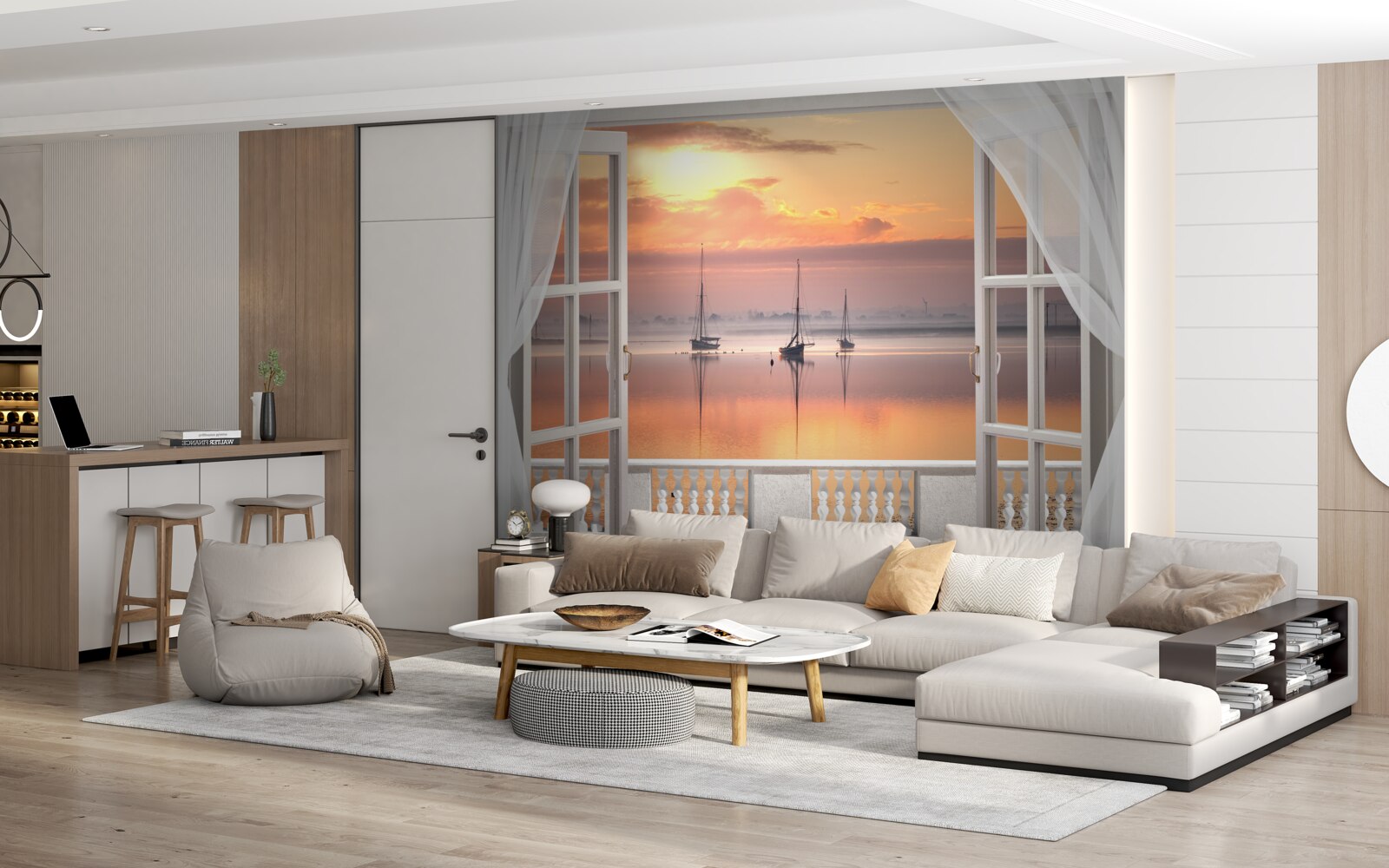 Fototapet peisaj de apus de soare de la un balcon alb ca zăpada