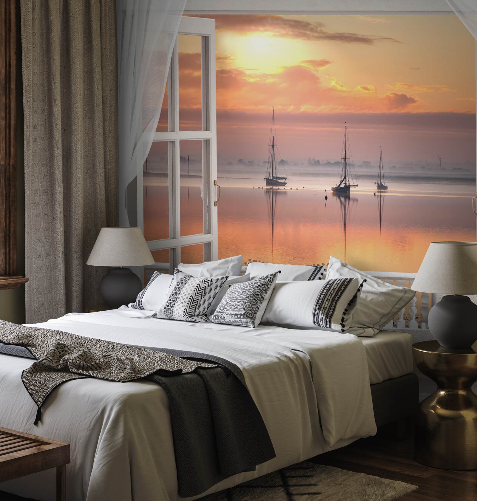 Fototapet peisaj de apus de soare de la un balcon alb ca zăpada