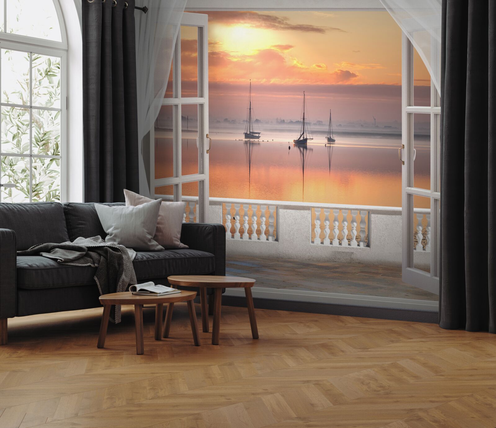 Fototapet peisaj de apus de soare de la un balcon alb ca zăpada