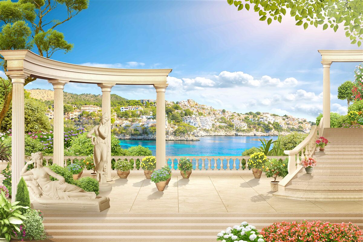 Fototapet statuie și arcuri pe un fundal de apă