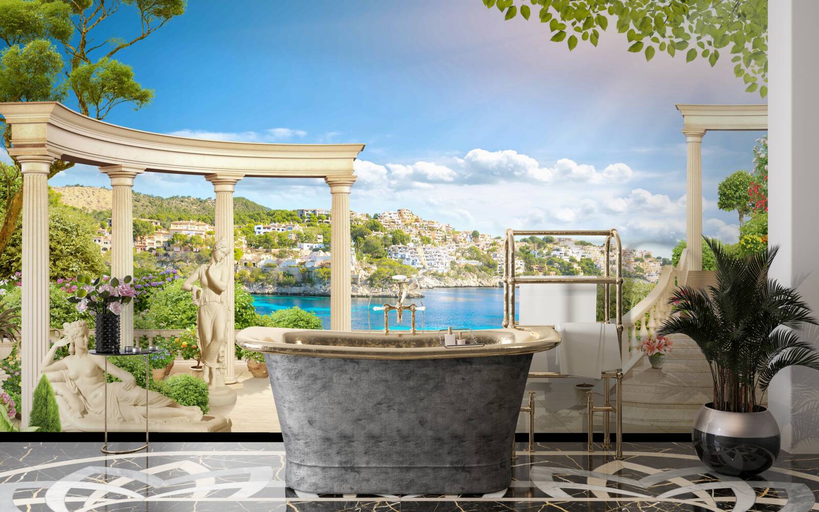 Fototapet statuie și arcuri pe un fundal de apă