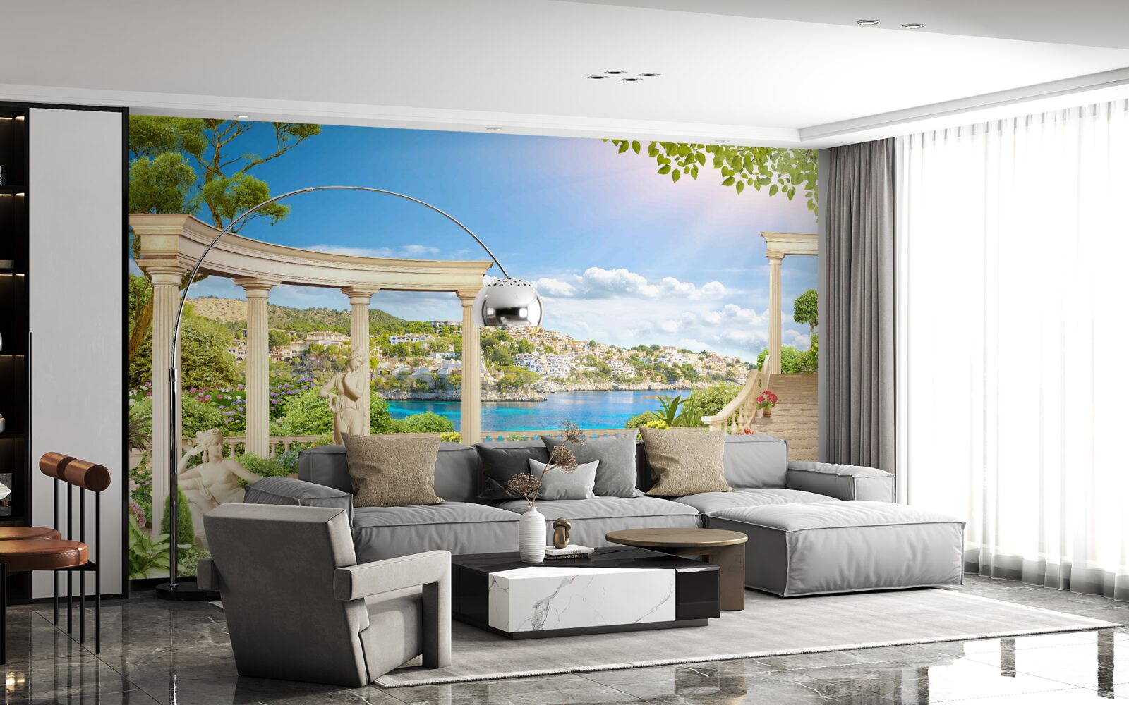 Fototapet statuie și arcuri pe un fundal de apă