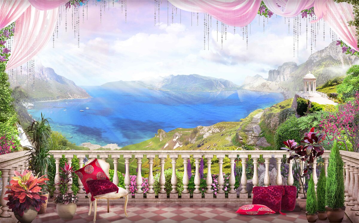 Fototapet terasă cu vedere la munți