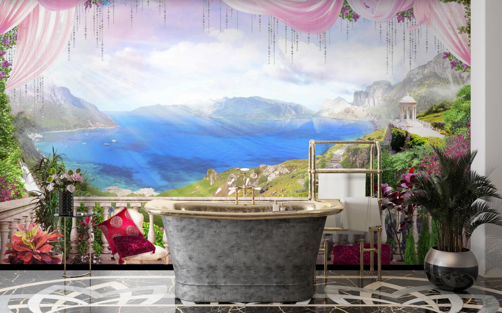 Fototapet terasă cu vedere la munți