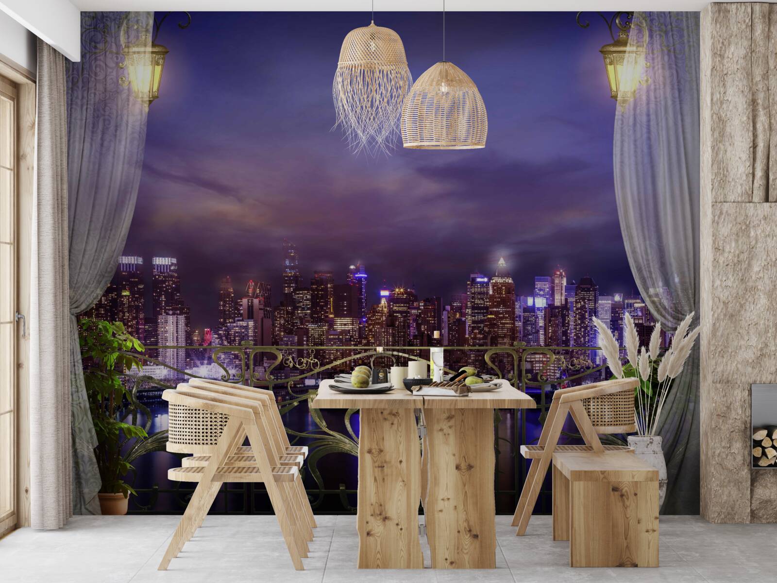 Fototapet orașul noaptea văzut din balcon