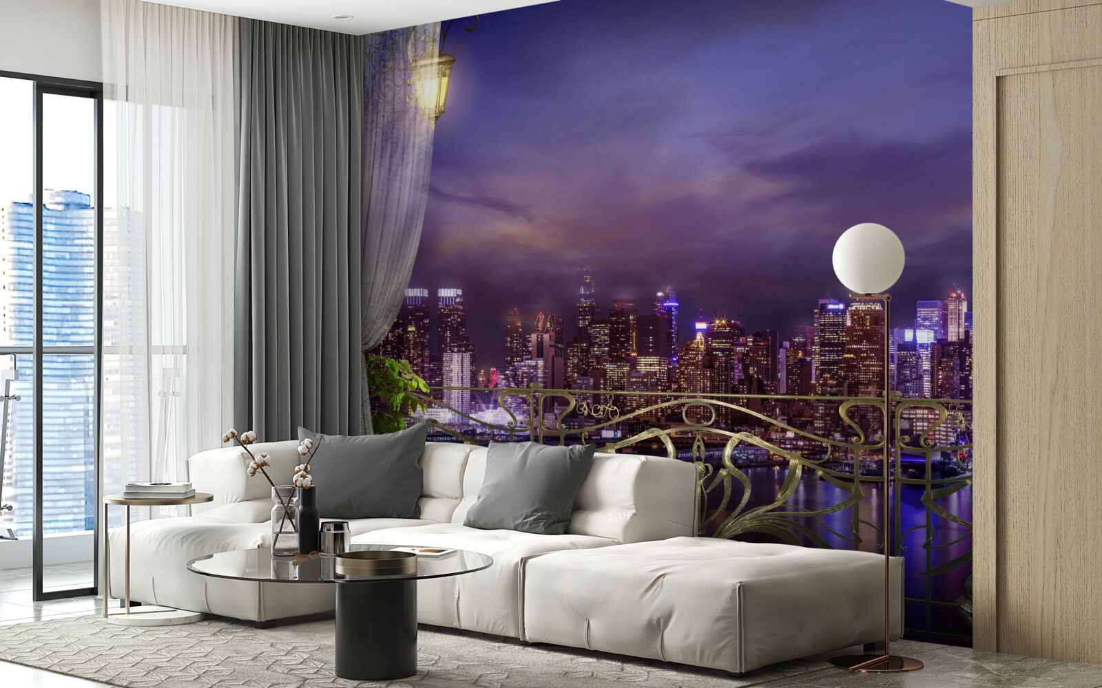 Fototapet orașul noaptea văzut din balcon