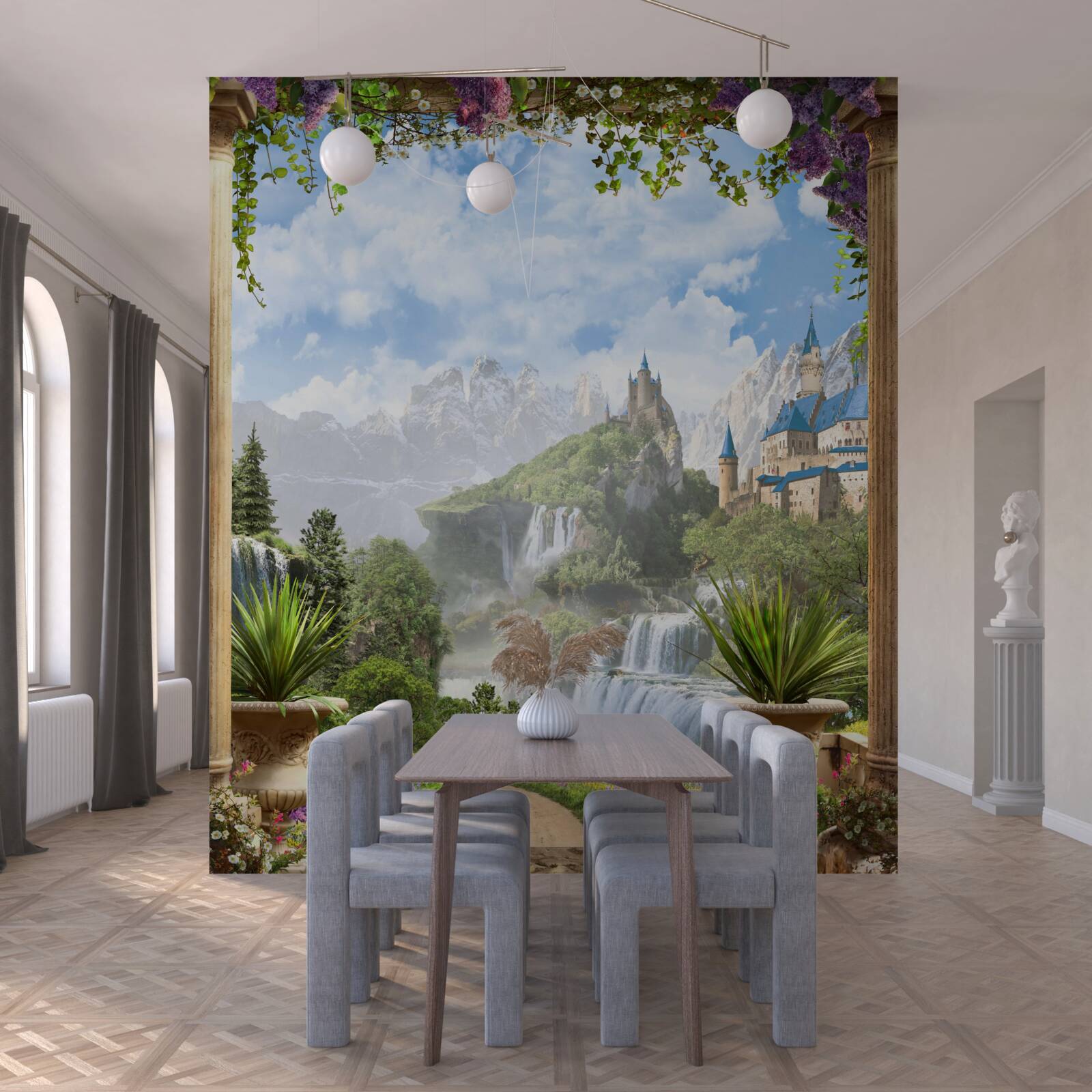 Fototapet platformă cu vedere la castel și cascadă