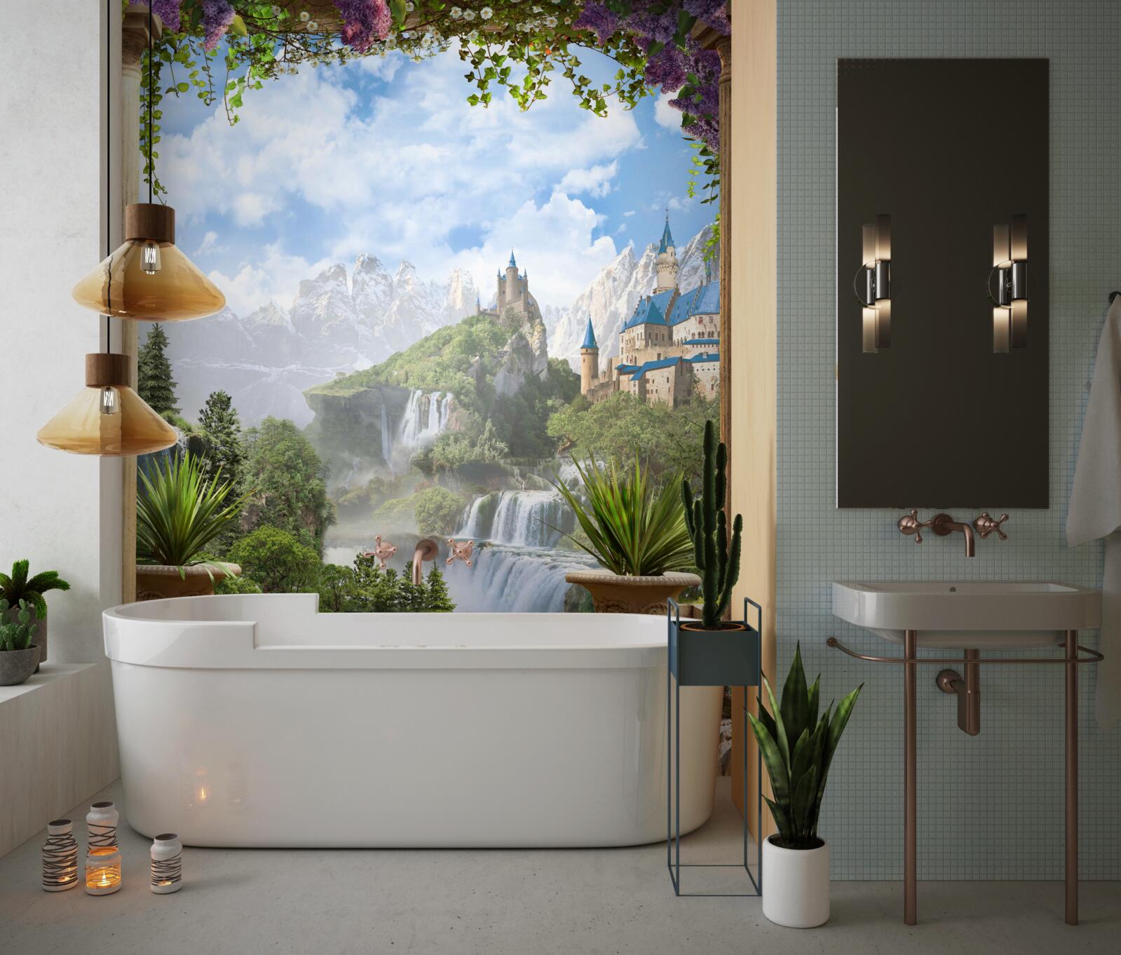 Fototapet platformă cu vedere la castel și cascadă