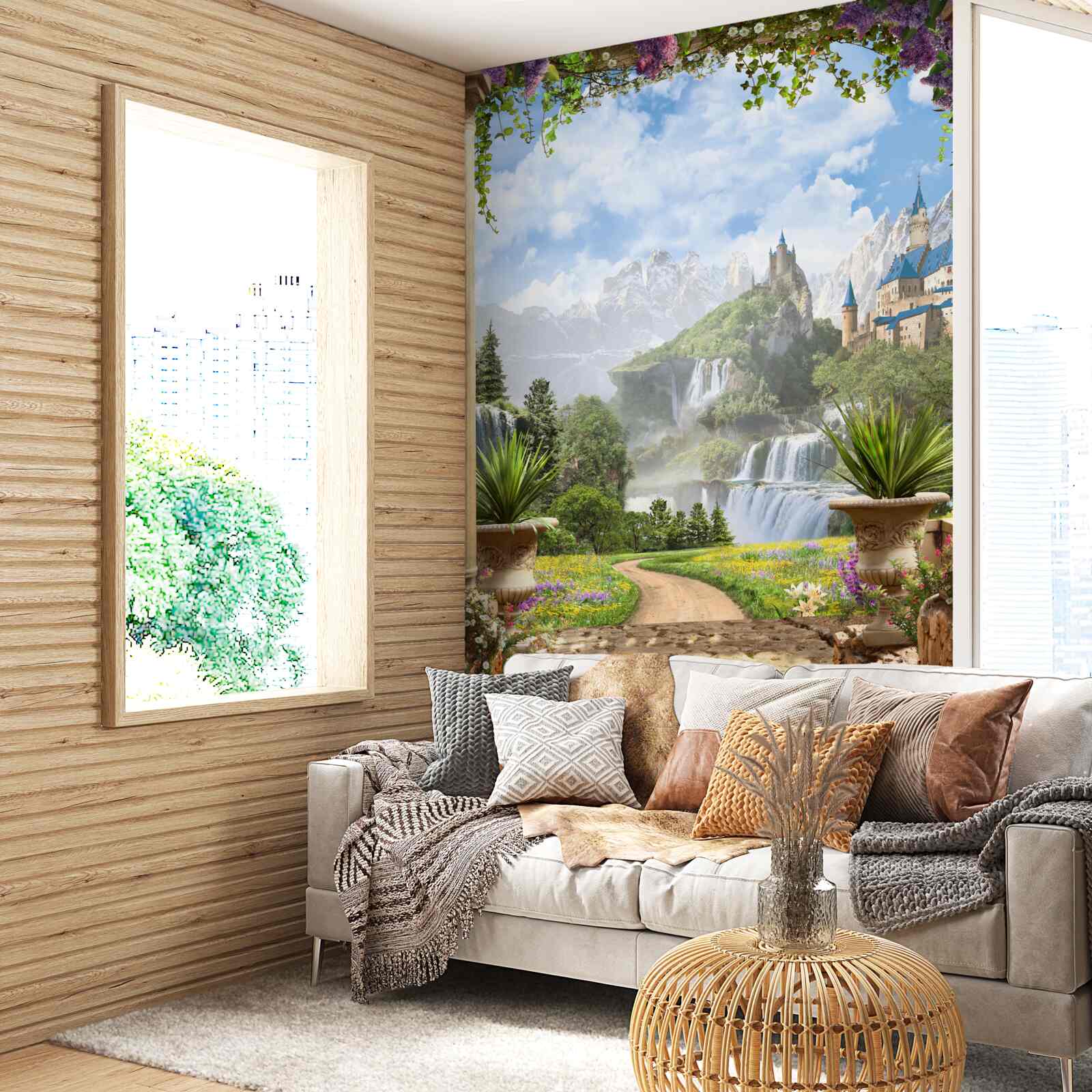 Fototapet platformă cu vedere la castel și cascadă