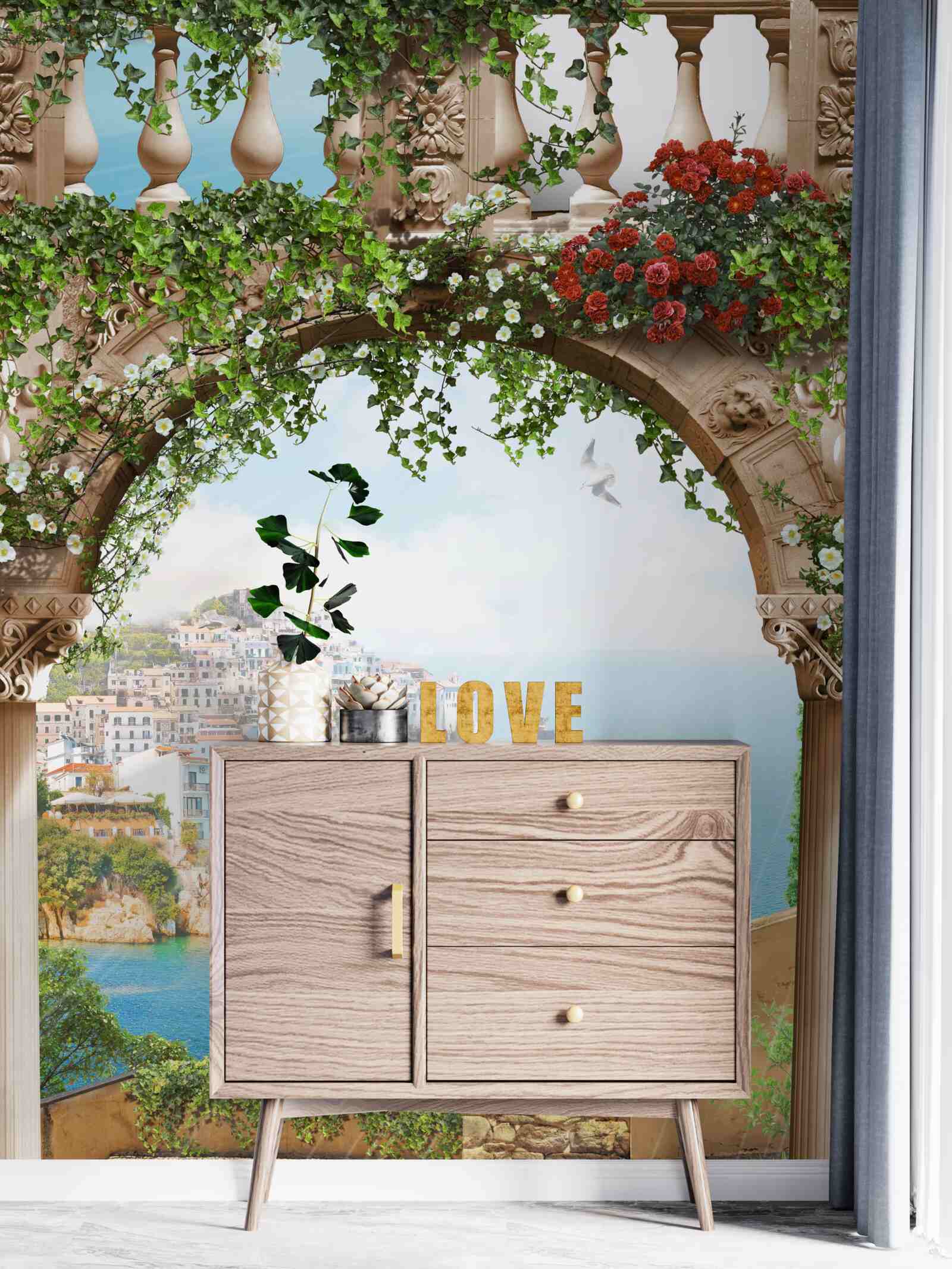 Fototapet vedere uimitoare la mare și la oraș de la balcon