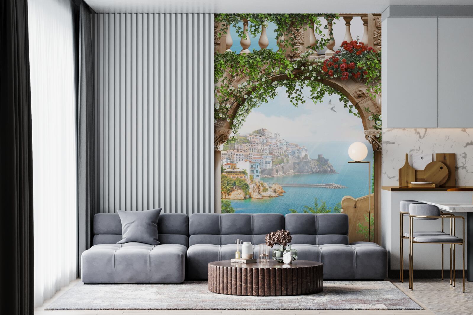 Fototapet vedere uimitoare la mare și la oraș de la balcon