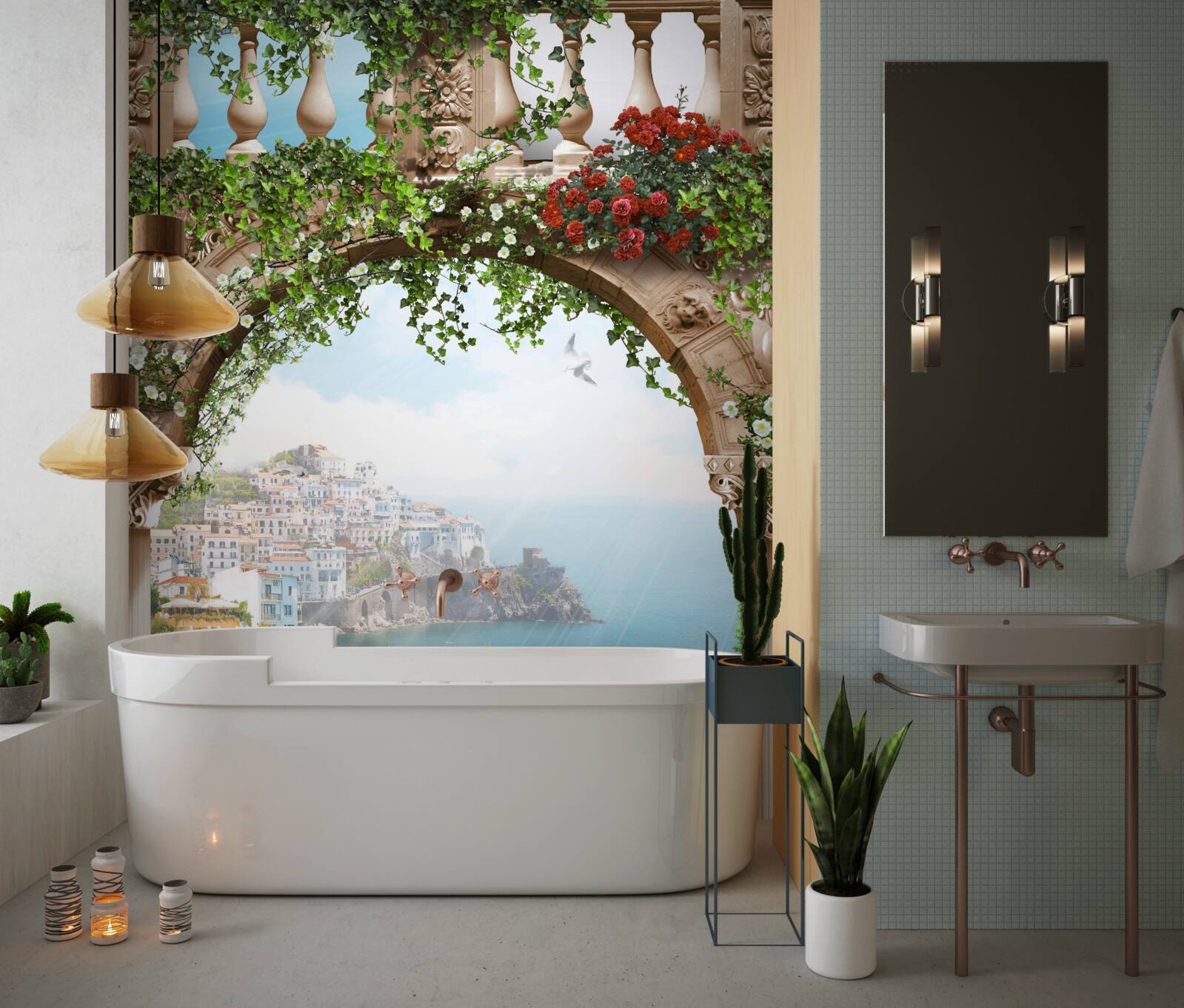 Fototapet vedere uimitoare la mare și la oraș de la balcon