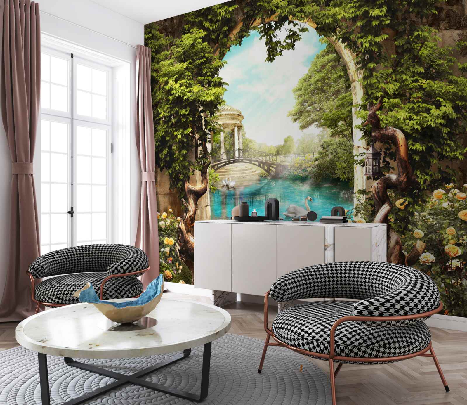 Fototapet iaz cu lebede albe