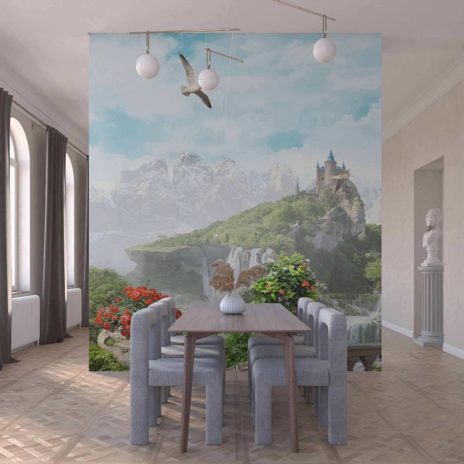 Fototapet balcon cu flori cu vedere la cascada si castel