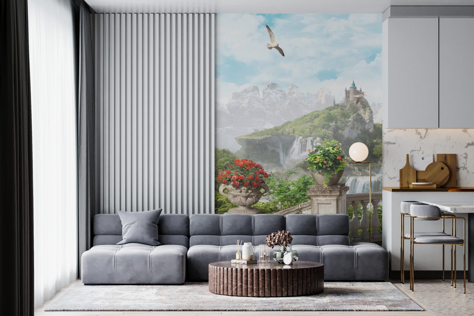 Fototapet balcon cu flori cu vedere la cascada si castel