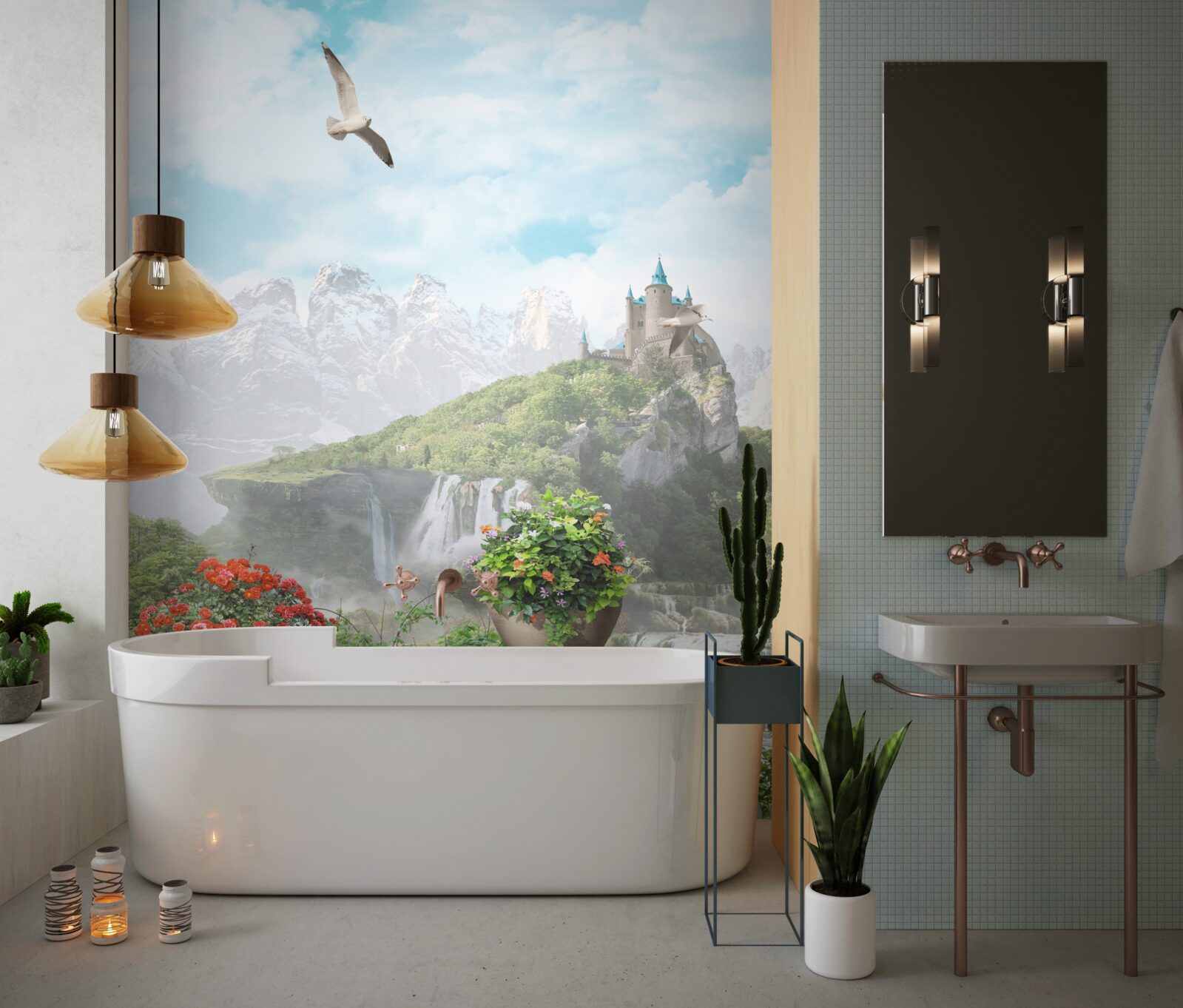 Fototapet balcon cu flori cu vedere la cascada si castel