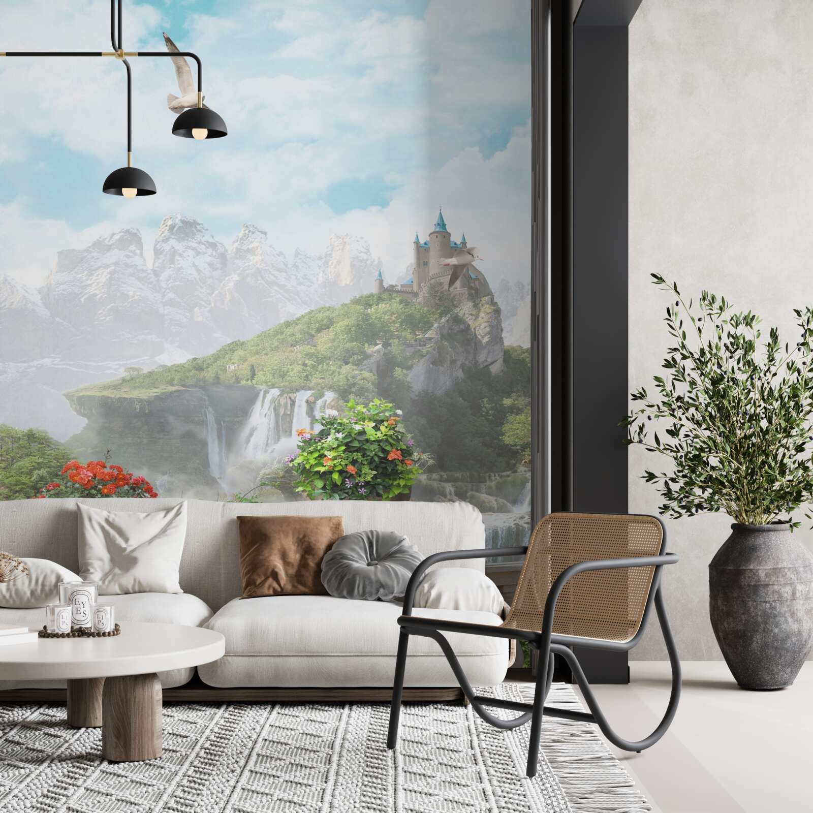 Fototapet balcon cu flori cu vedere la cascada si castel