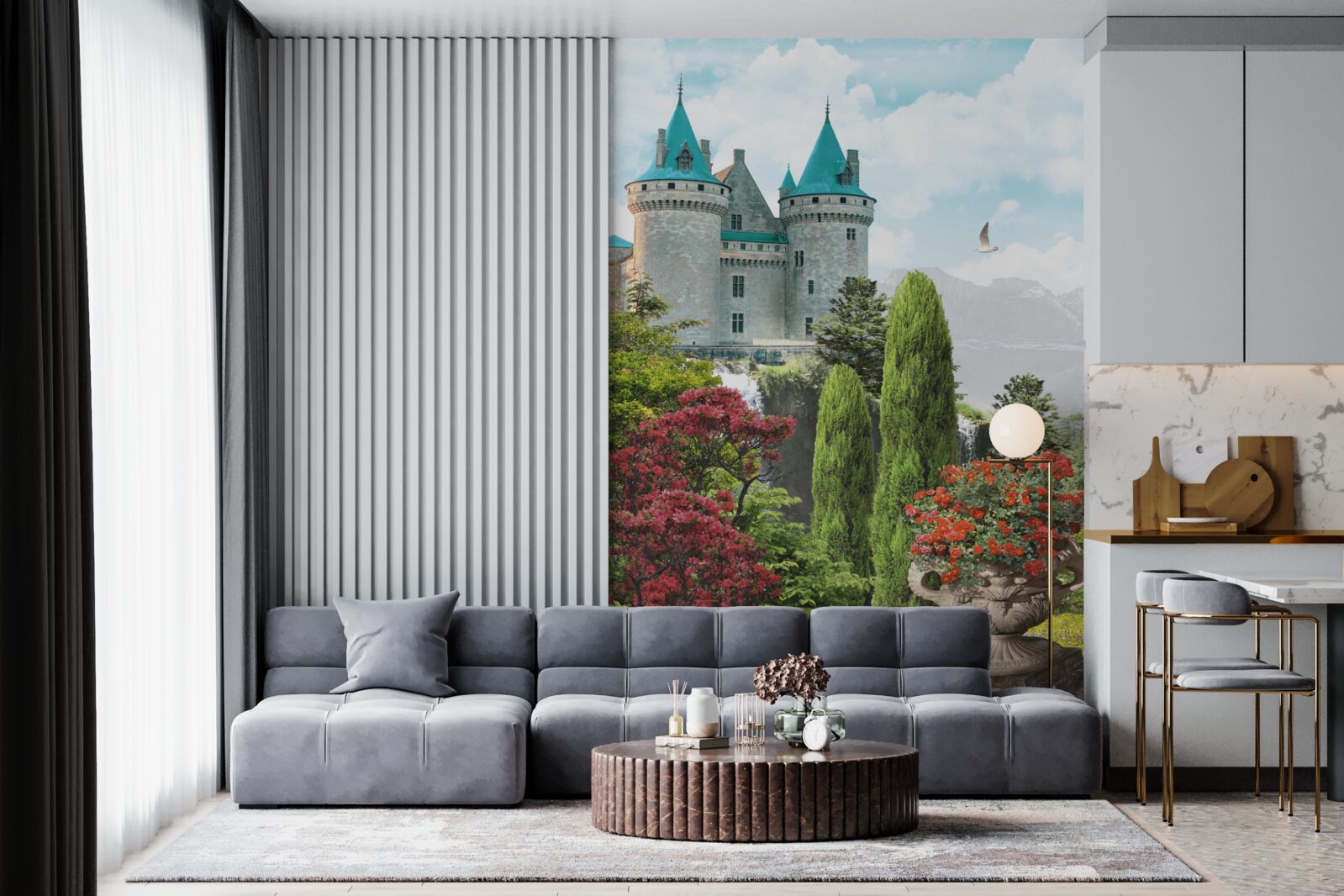 Fototapet castel de basm înconjurat de verdeață