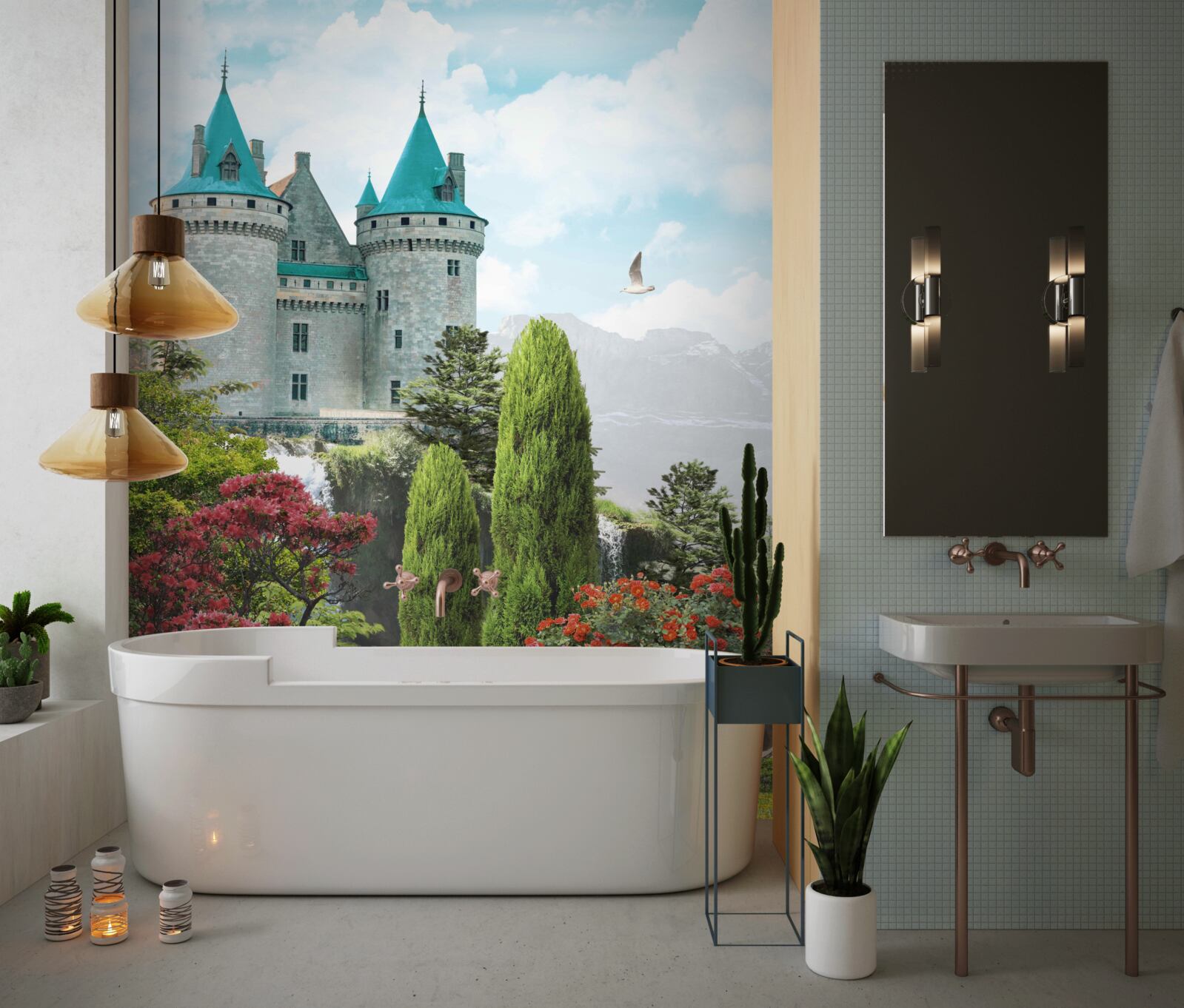 Fototapet castel de basm înconjurat de verdeață