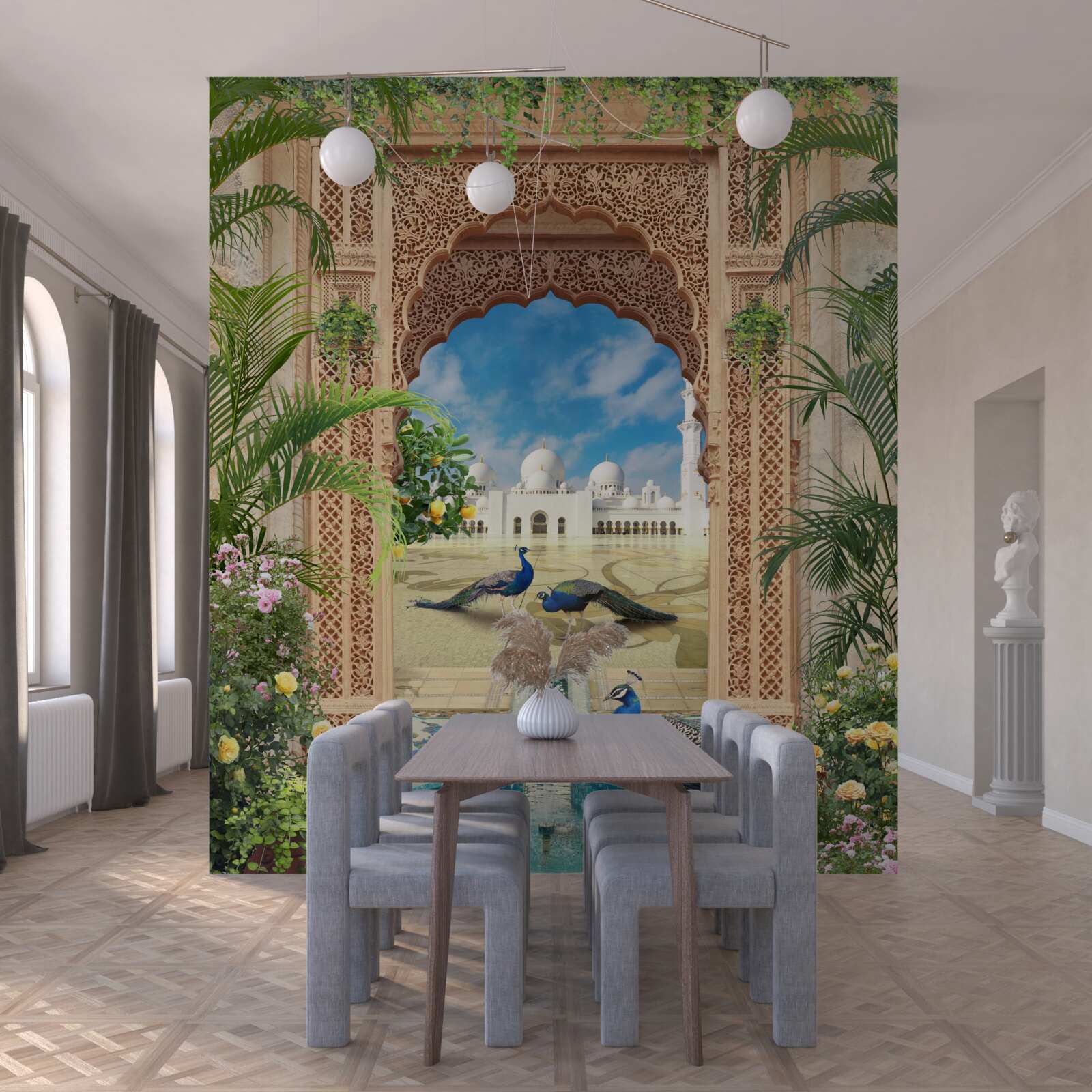 Fototapet păuni lângă un iaz cu o fântână