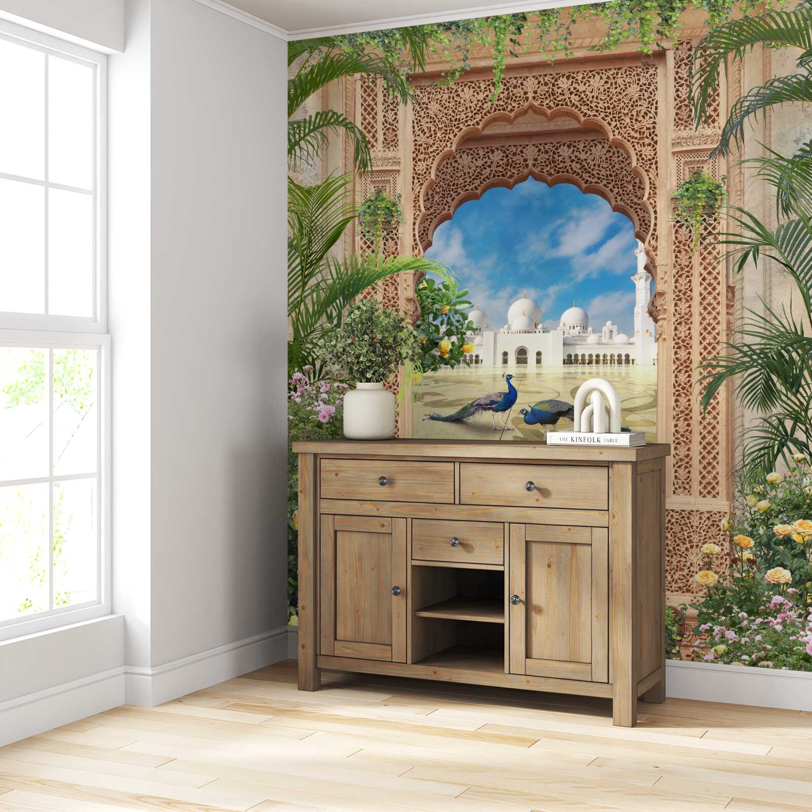 Fototapet păuni lângă un iaz cu o fântână