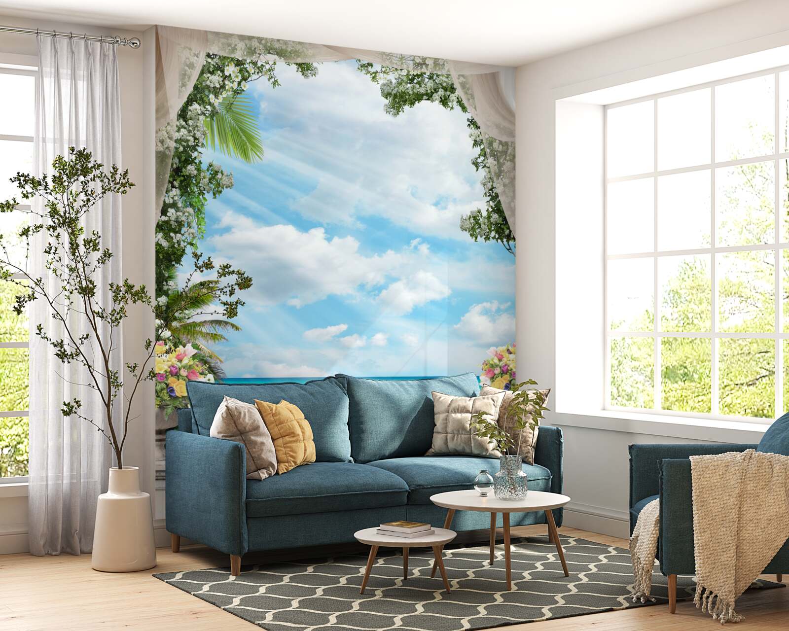 Fototapet ferestrele balconului au vedere la plaja de nisip și la mare