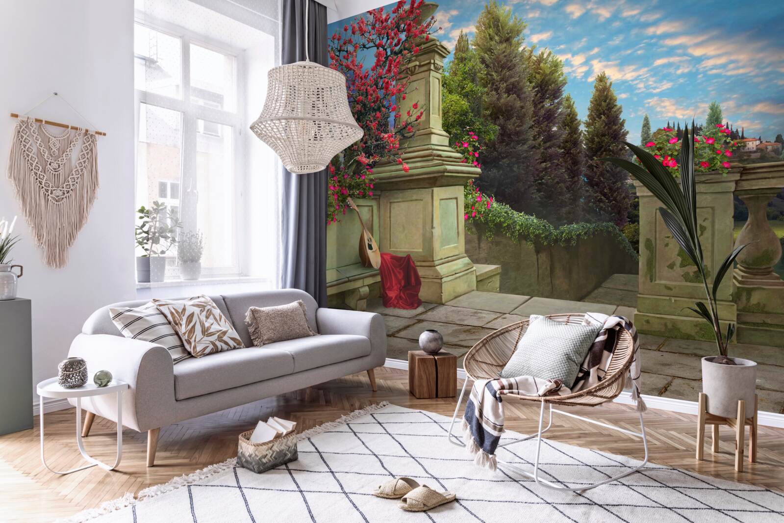 Fototapet instrument muzical abandonat și pânză stacojie