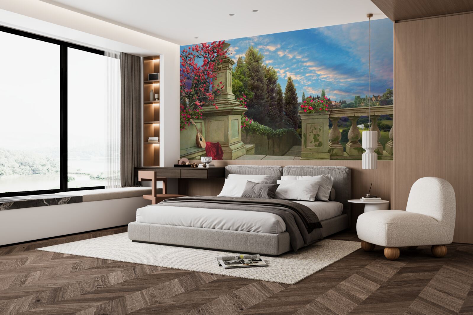 Fototapet instrument muzical abandonat și pânză stacojie