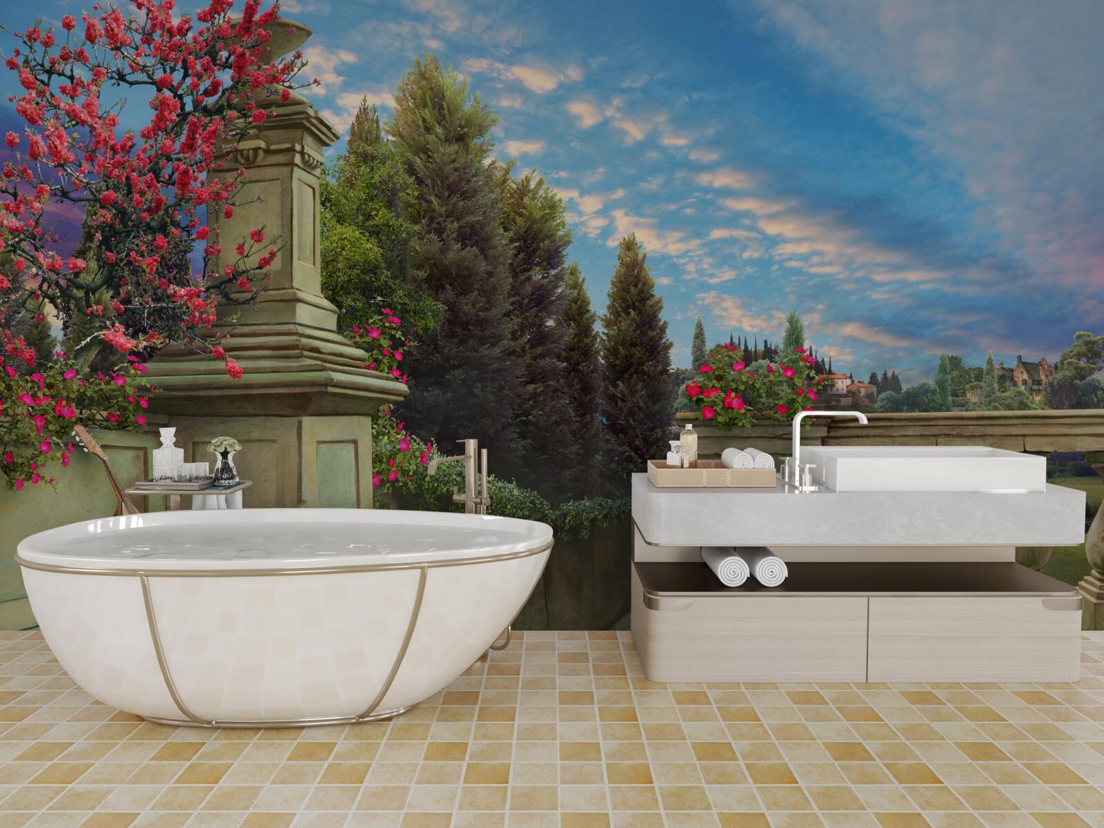 Fototapet instrument muzical abandonat și pânză stacojie