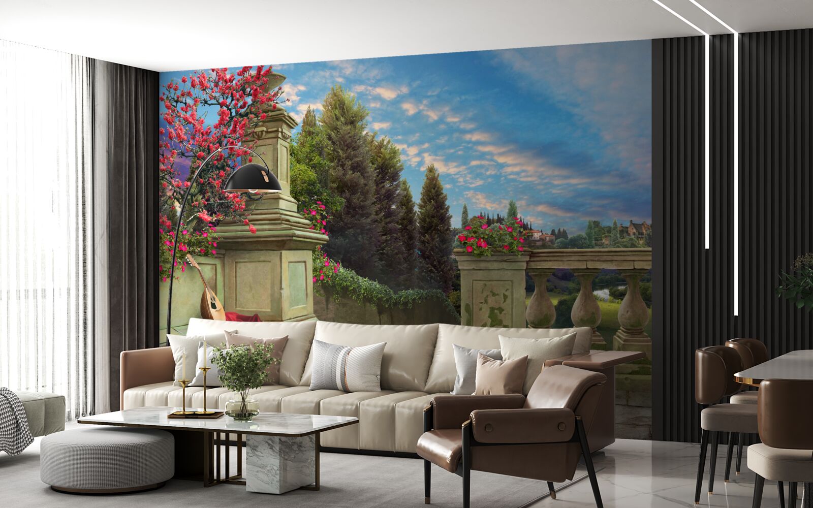 Fototapet instrument muzical abandonat și pânză stacojie