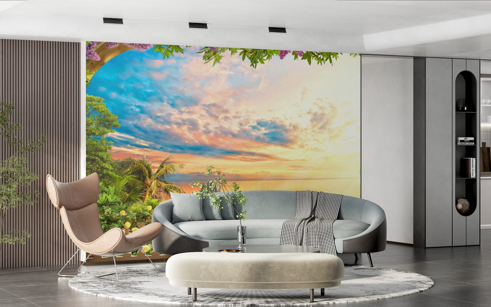 Fototapet terasă cu vedere la mare, inundată de lumina soarelui la apus