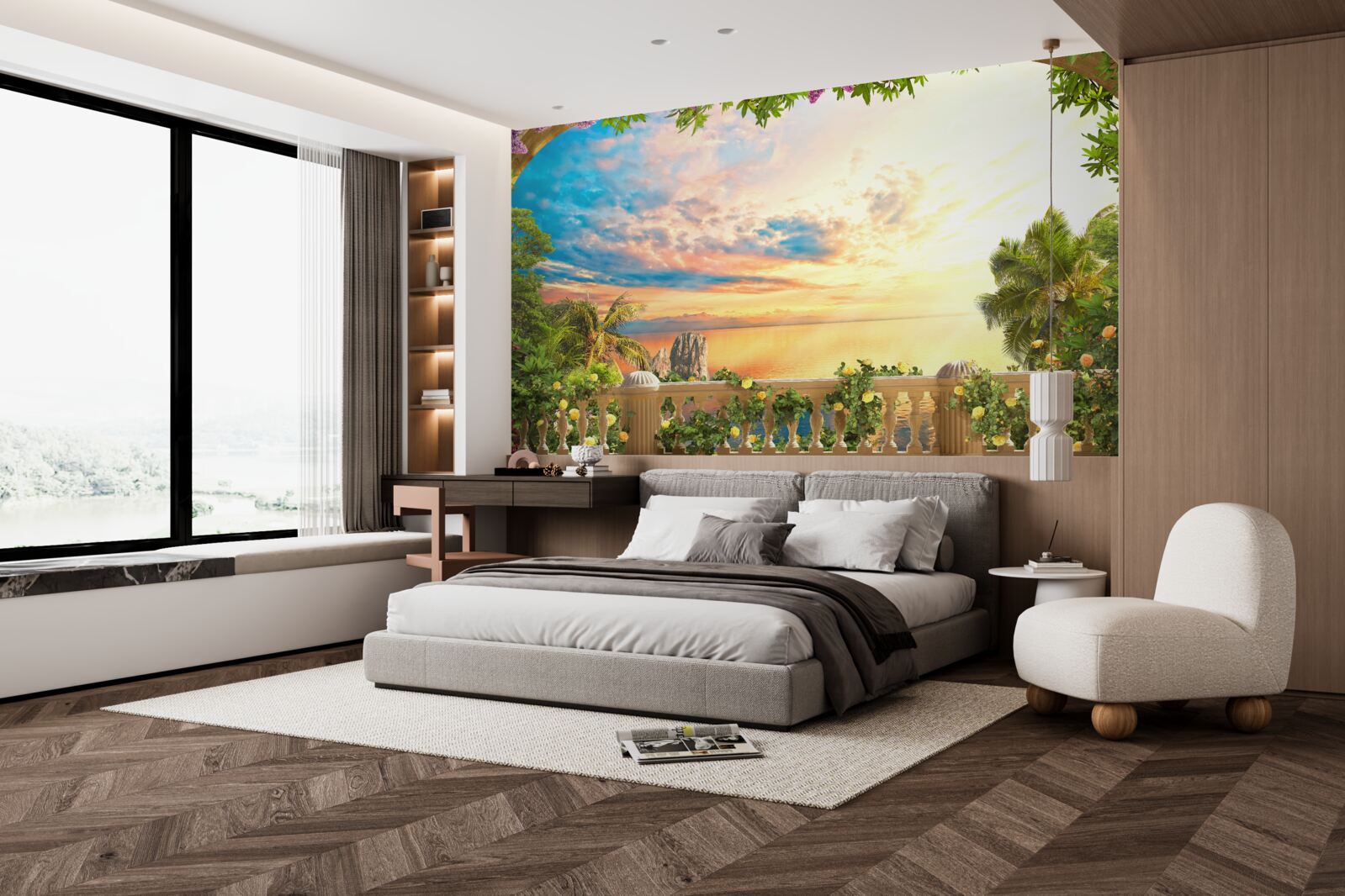 Fototapet terasă cu vedere la mare, inundată de lumina soarelui la apus