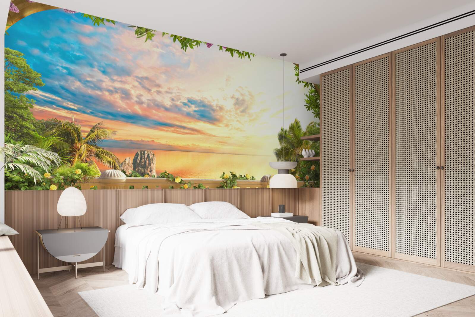 Fototapet terasă cu vedere la mare, inundată de lumina soarelui la apus