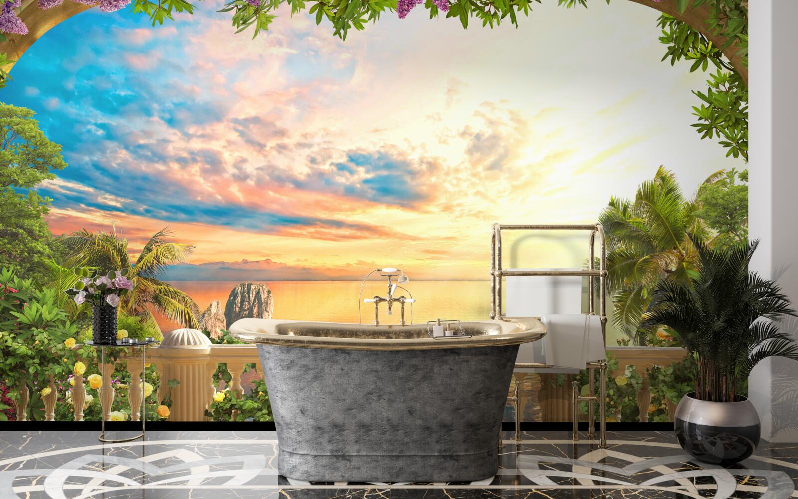 Fototapet terasă cu vedere la mare, inundată de lumina soarelui la apus